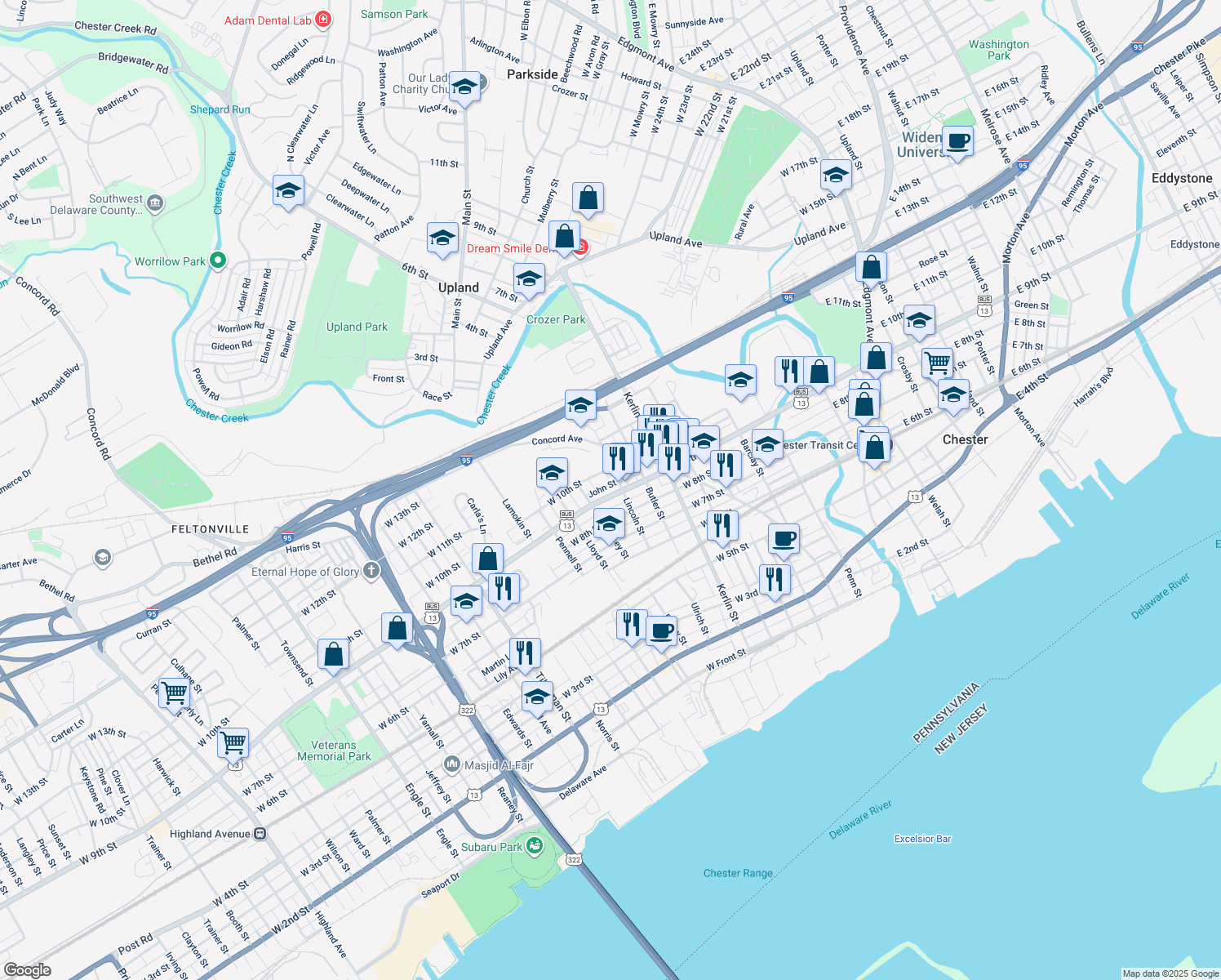 map of restaurants, bars, coffee shops, grocery stores, and more near 914 West 9th Street in Chester