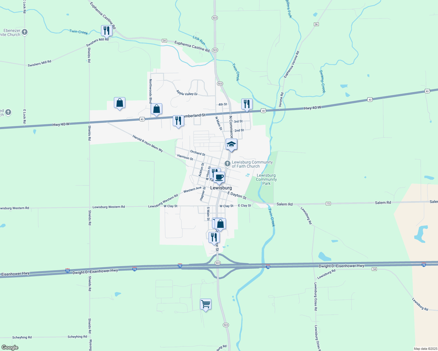 map of restaurants, bars, coffee shops, grocery stores, and more near 111 N Water St in Lewisburg