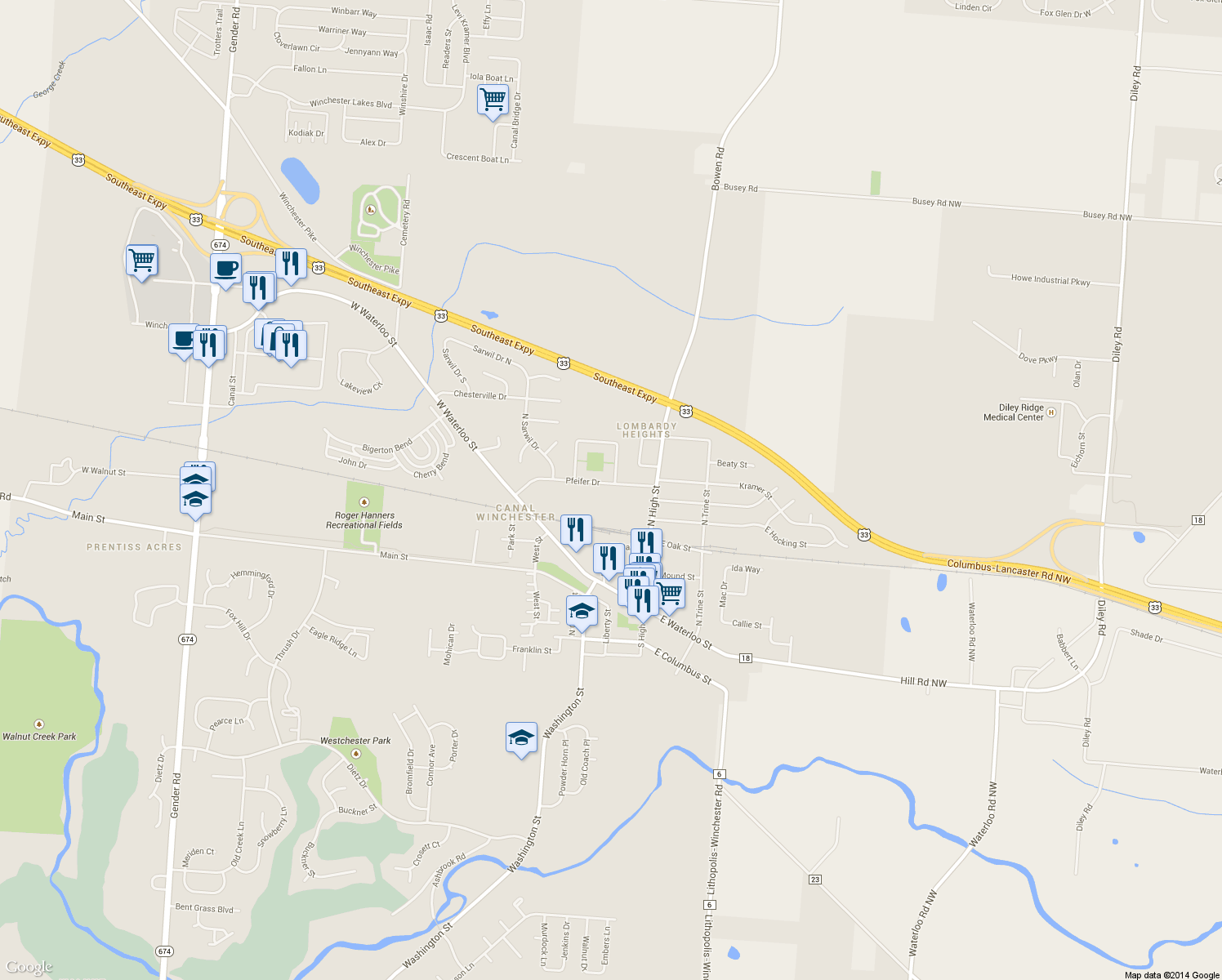 map of restaurants, bars, coffee shops, grocery stores, and more near 150 Pfeifer Drive in Canal Winchester
