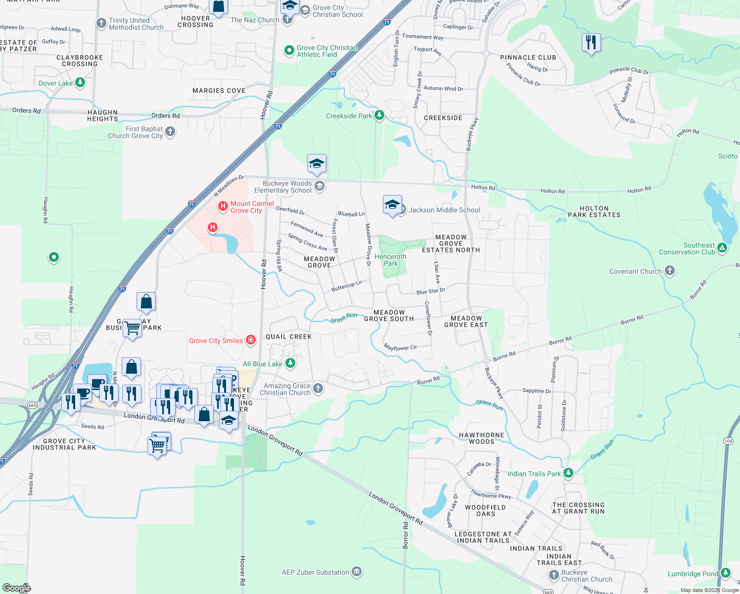 map of restaurants, bars, coffee shops, grocery stores, and more near 2141 Sorrel Ct in Grove City