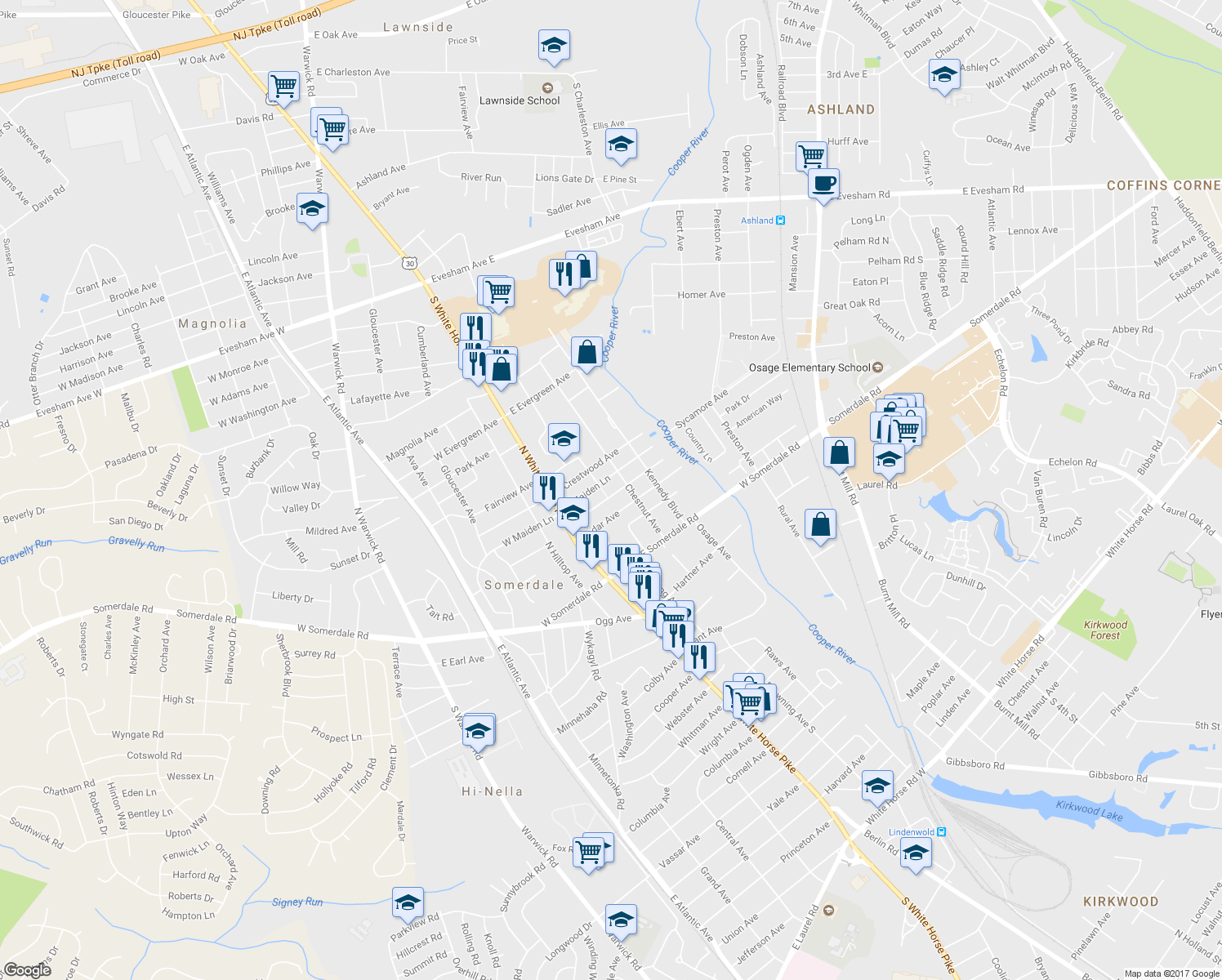 map of restaurants, bars, coffee shops, grocery stores, and more near 26 Juniper Avenue in Somerdale