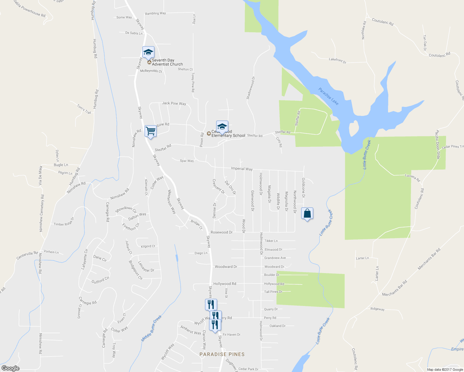 map of restaurants, bars, coffee shops, grocery stores, and more near 14830 Del Oro Drive in Magalia