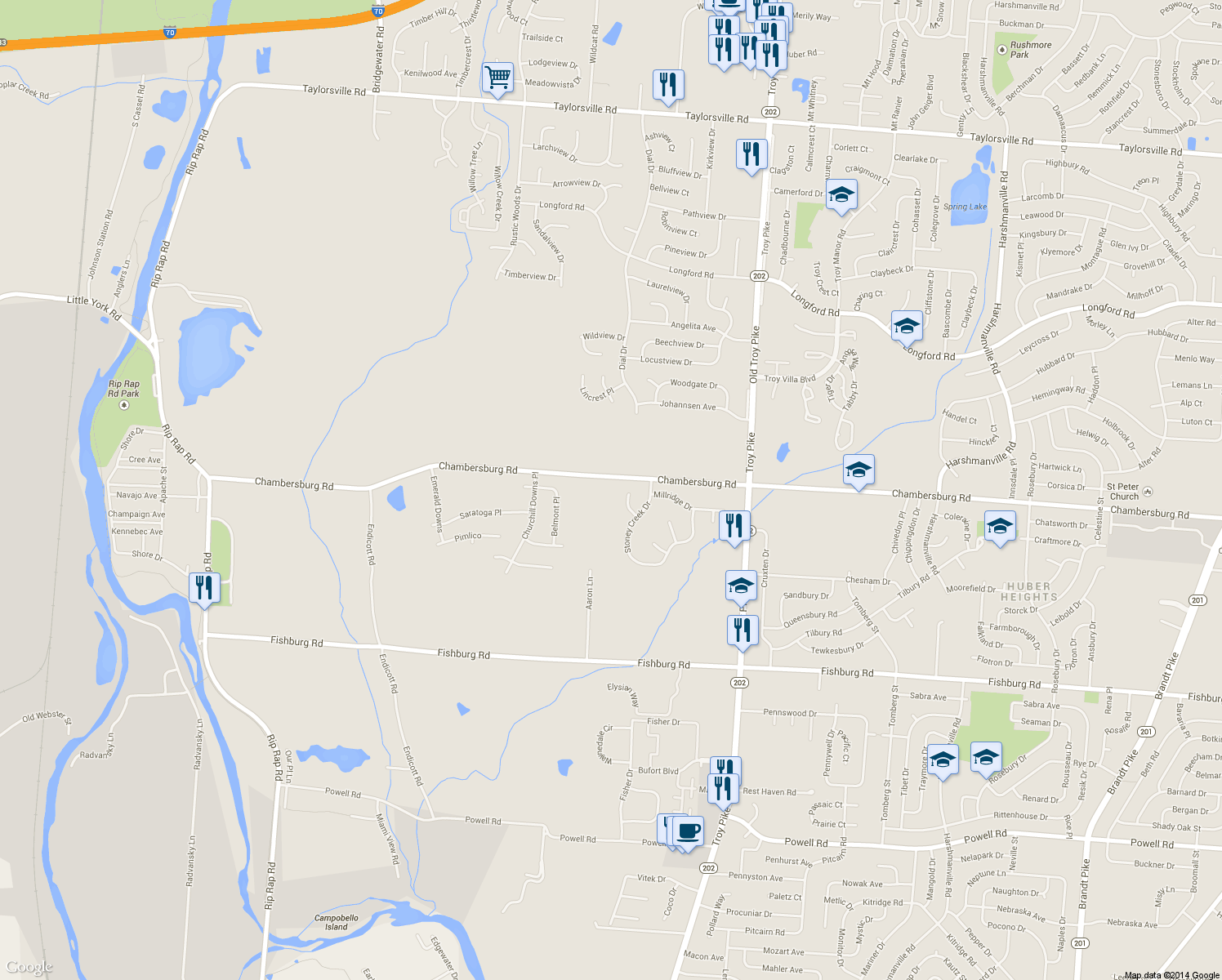 map of restaurants, bars, coffee shops, grocery stores, and more near 4820 Chambersburg Road in Dayton