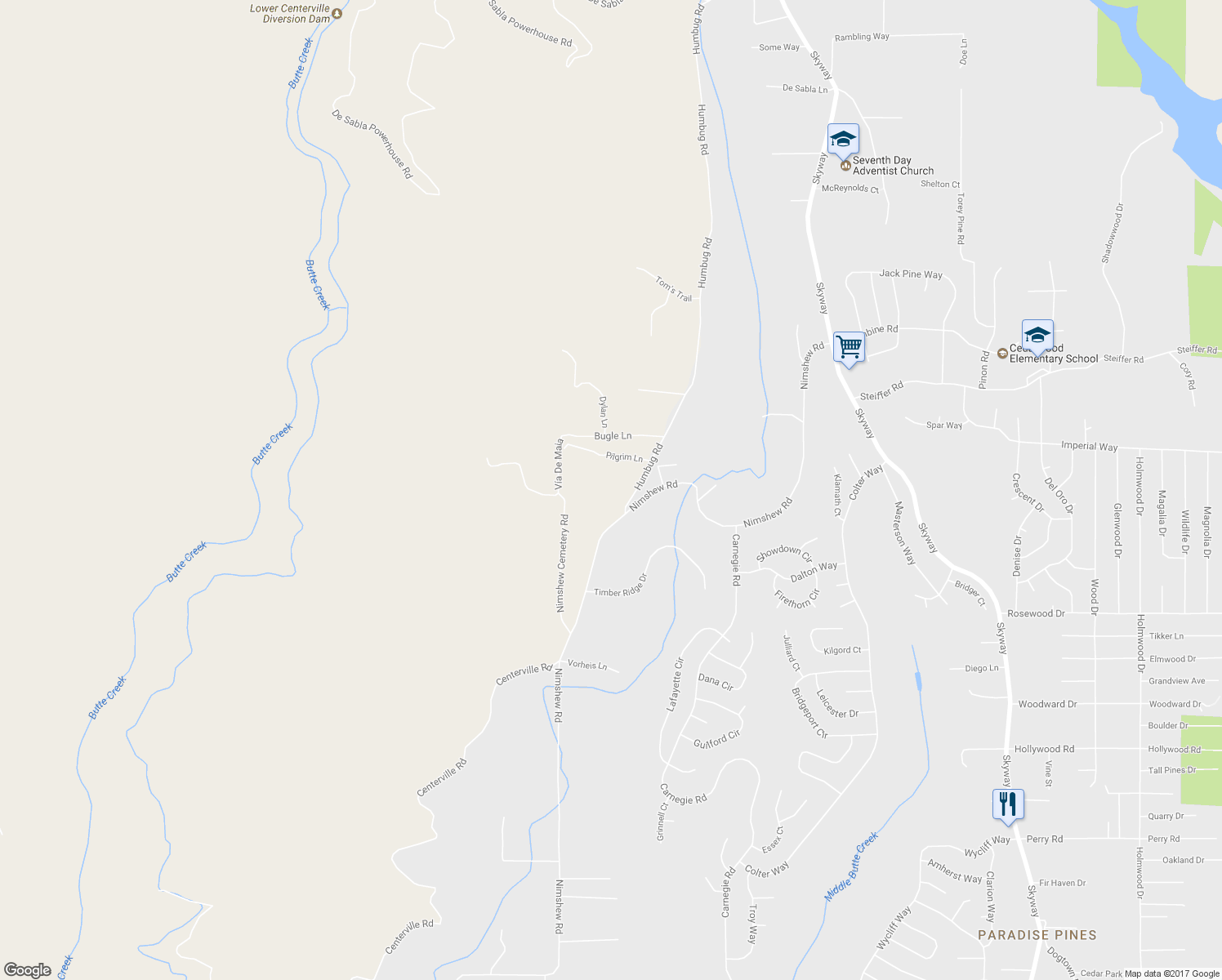 map of restaurants, bars, coffee shops, grocery stores, and more near 14819 Humbug Road in Magalia