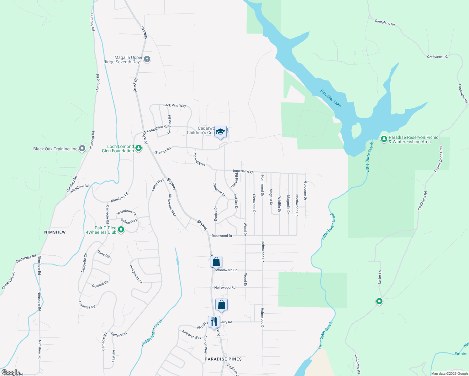 map of restaurants, bars, coffee shops, grocery stores, and more near 14842 Upland Road in Magalia