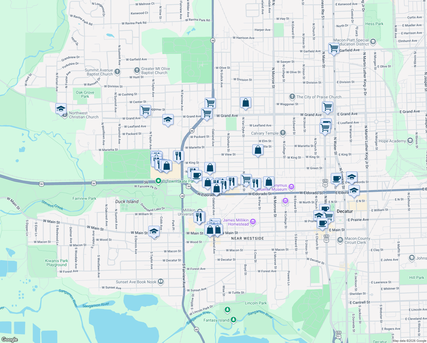 map of restaurants, bars, coffee shops, grocery stores, and more near 798 North Oakland Avenue in Decatur