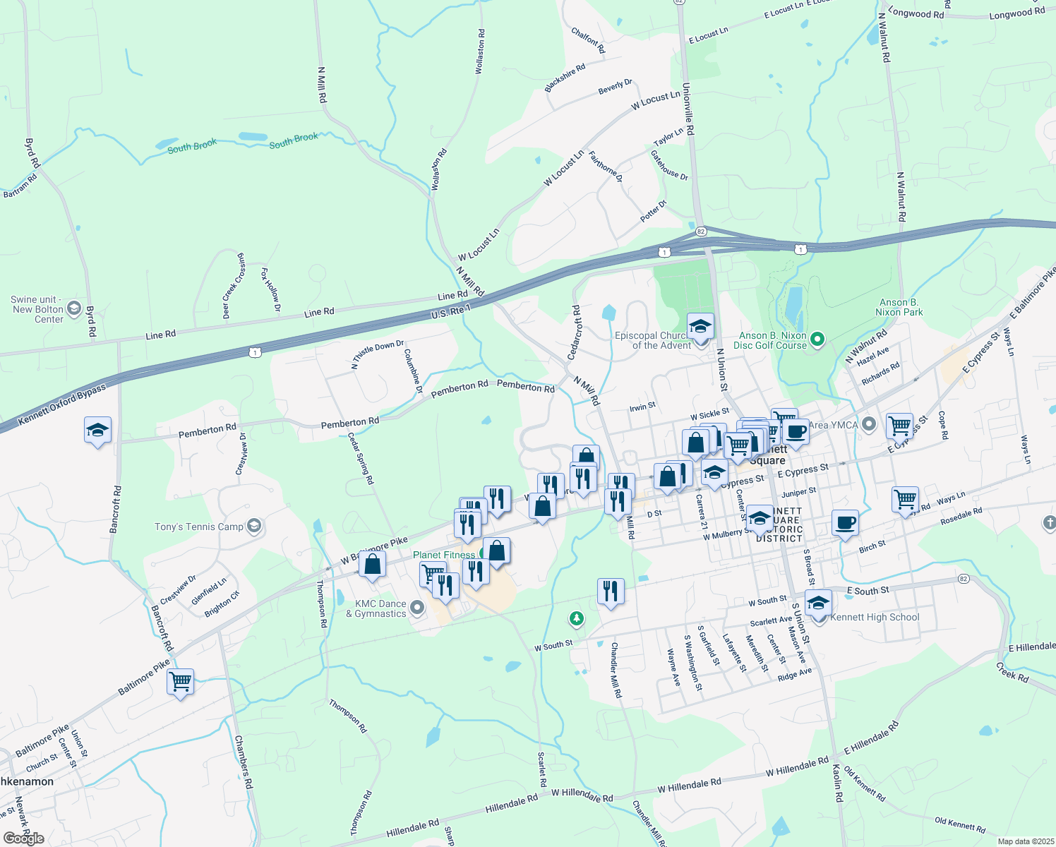 map of restaurants, bars, coffee shops, grocery stores, and more near 183 Penns Manor Drive in Kennett Square