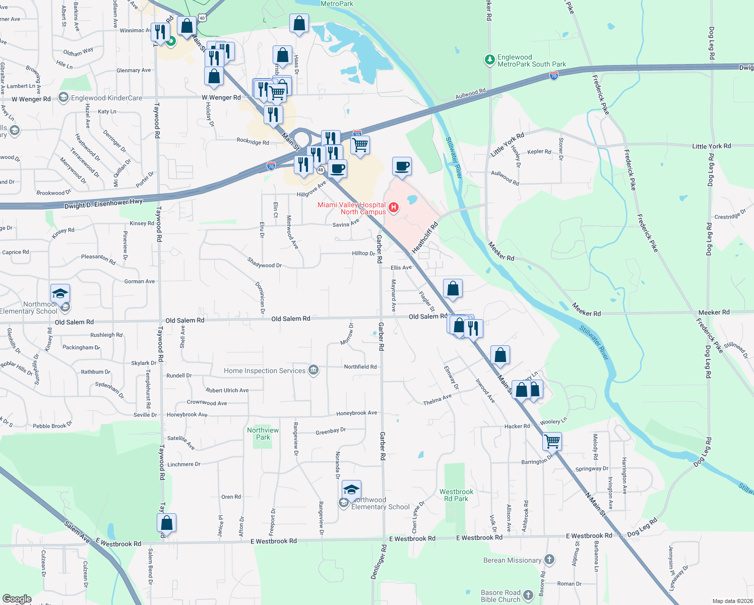 map of restaurants, bars, coffee shops, grocery stores, and more near 7045 Garber Road in Dayton