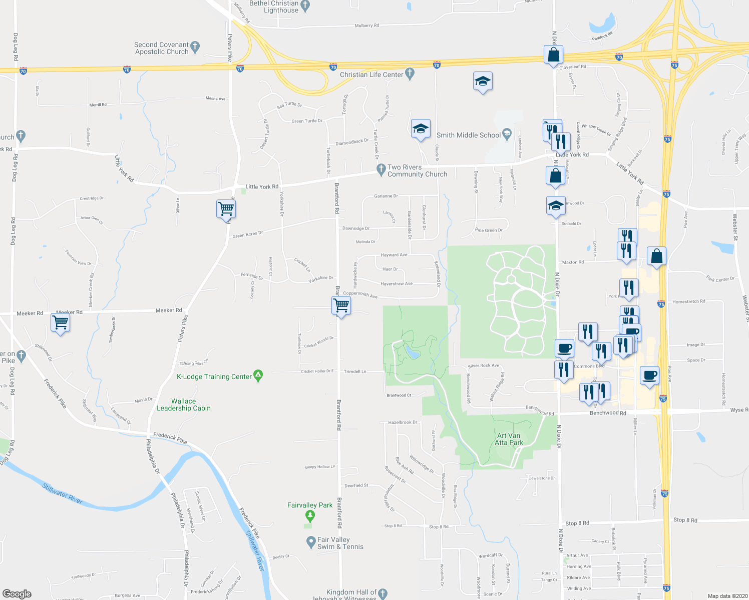 map of restaurants, bars, coffee shops, grocery stores, and more near 2636 Coppersmith Avenue in Dayton