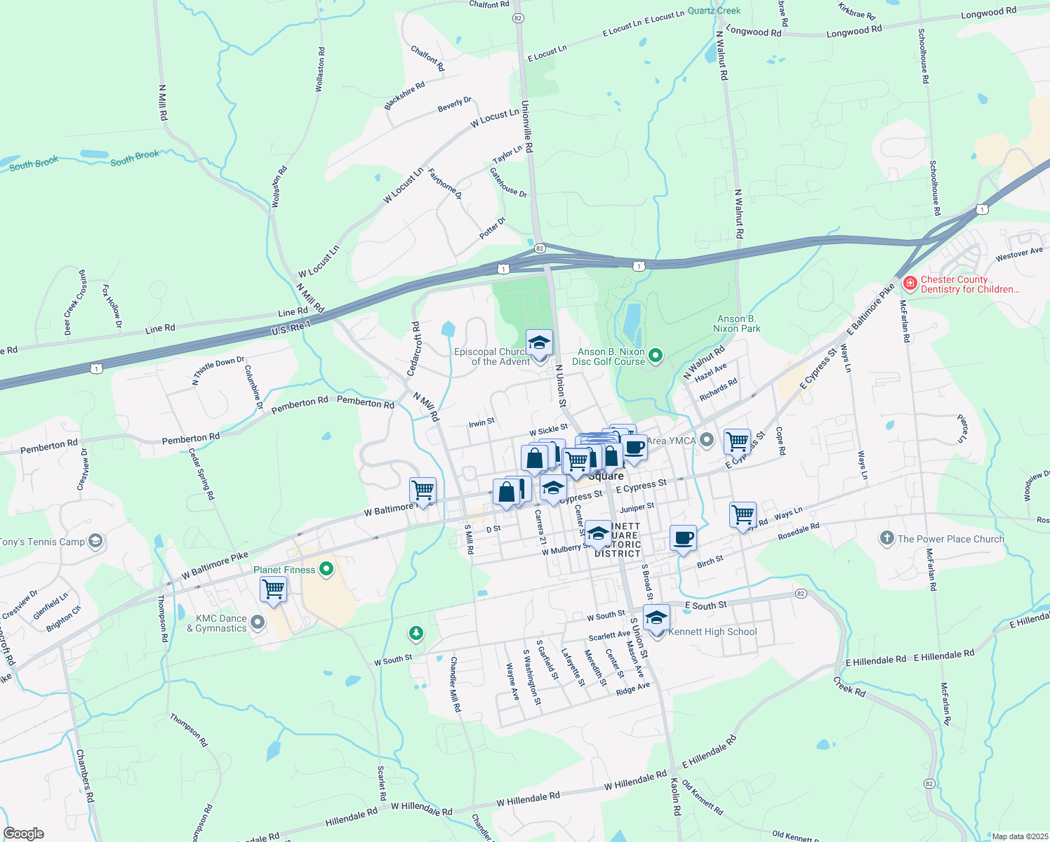 map of restaurants, bars, coffee shops, grocery stores, and more near 201 West Sickle Street in Kennett Square