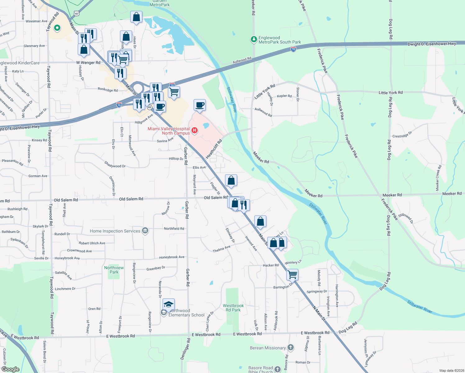 map of restaurants, bars, coffee shops, grocery stores, and more near 14 Dorchester Dr in Dayton