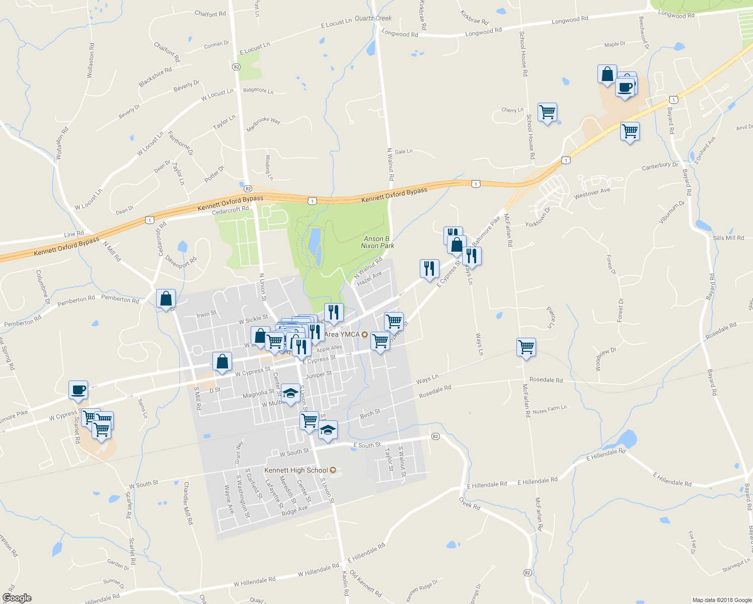 map of restaurants, bars, coffee shops, grocery stores, and more near 525 Penn Avenue in Kennett Square