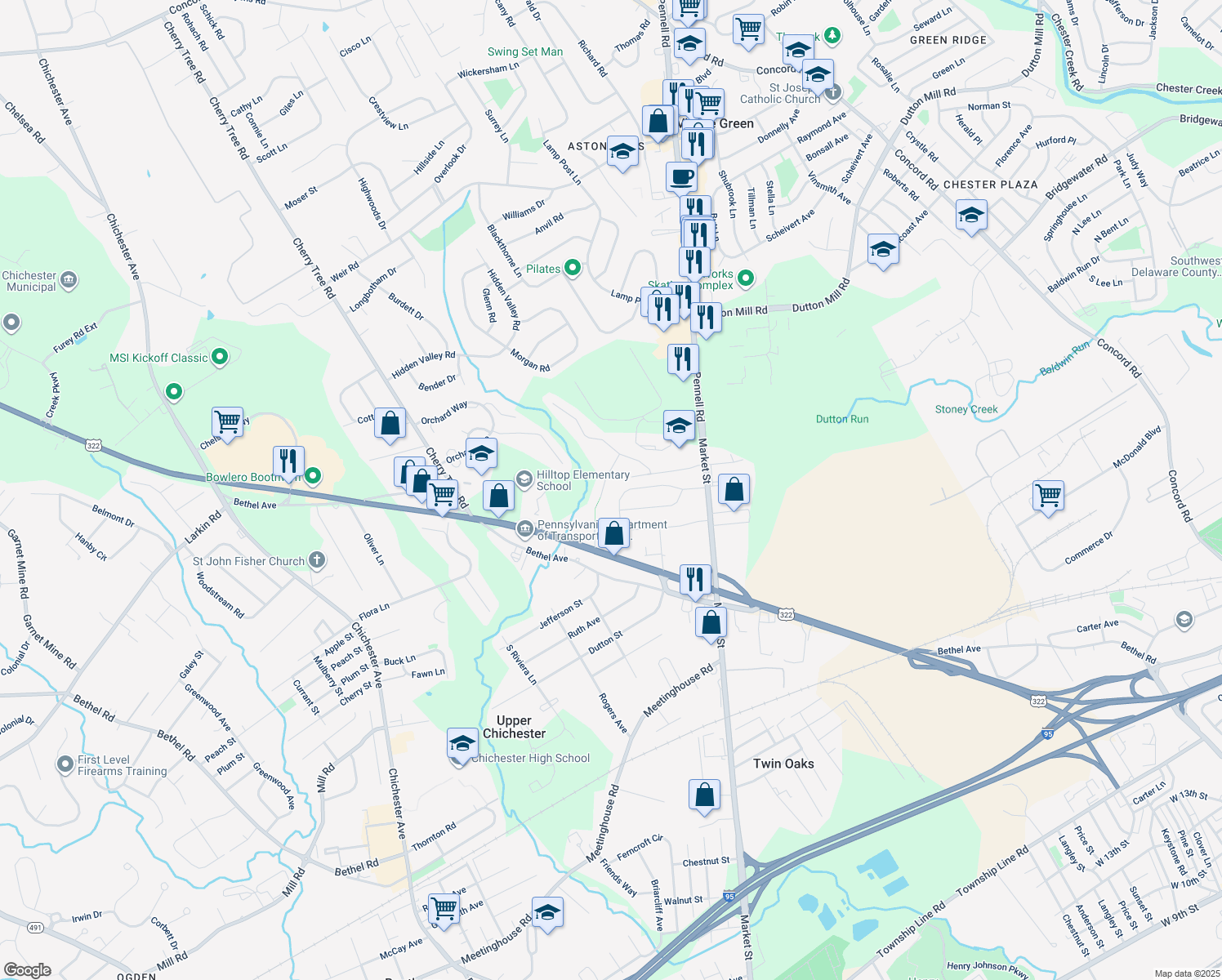 map of restaurants, bars, coffee shops, grocery stores, and more near 4227 Chatham Circle in Aston