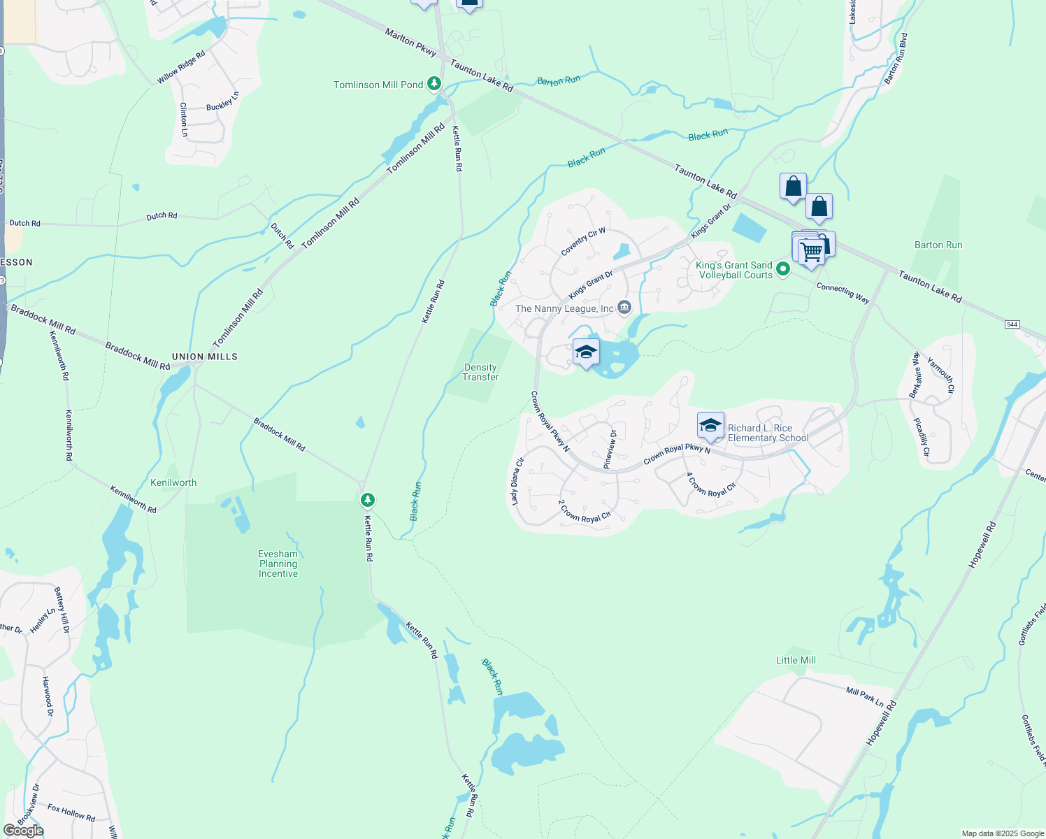 map of restaurants, bars, coffee shops, grocery stores, and more near Kings Grant Trails in Evesham Township