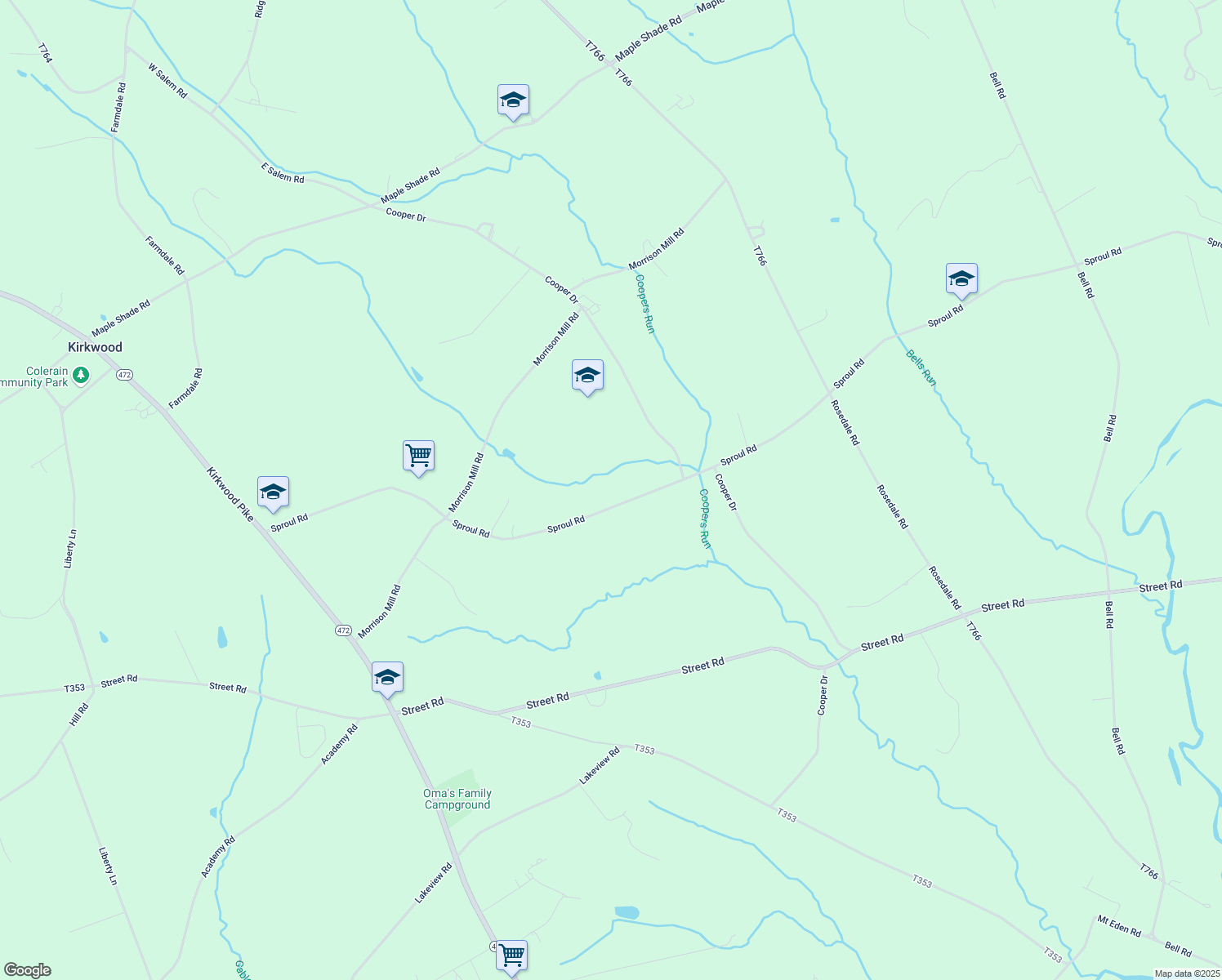 map of restaurants, bars, coffee shops, grocery stores, and more near 3 Sproul Road in Kirkwood
