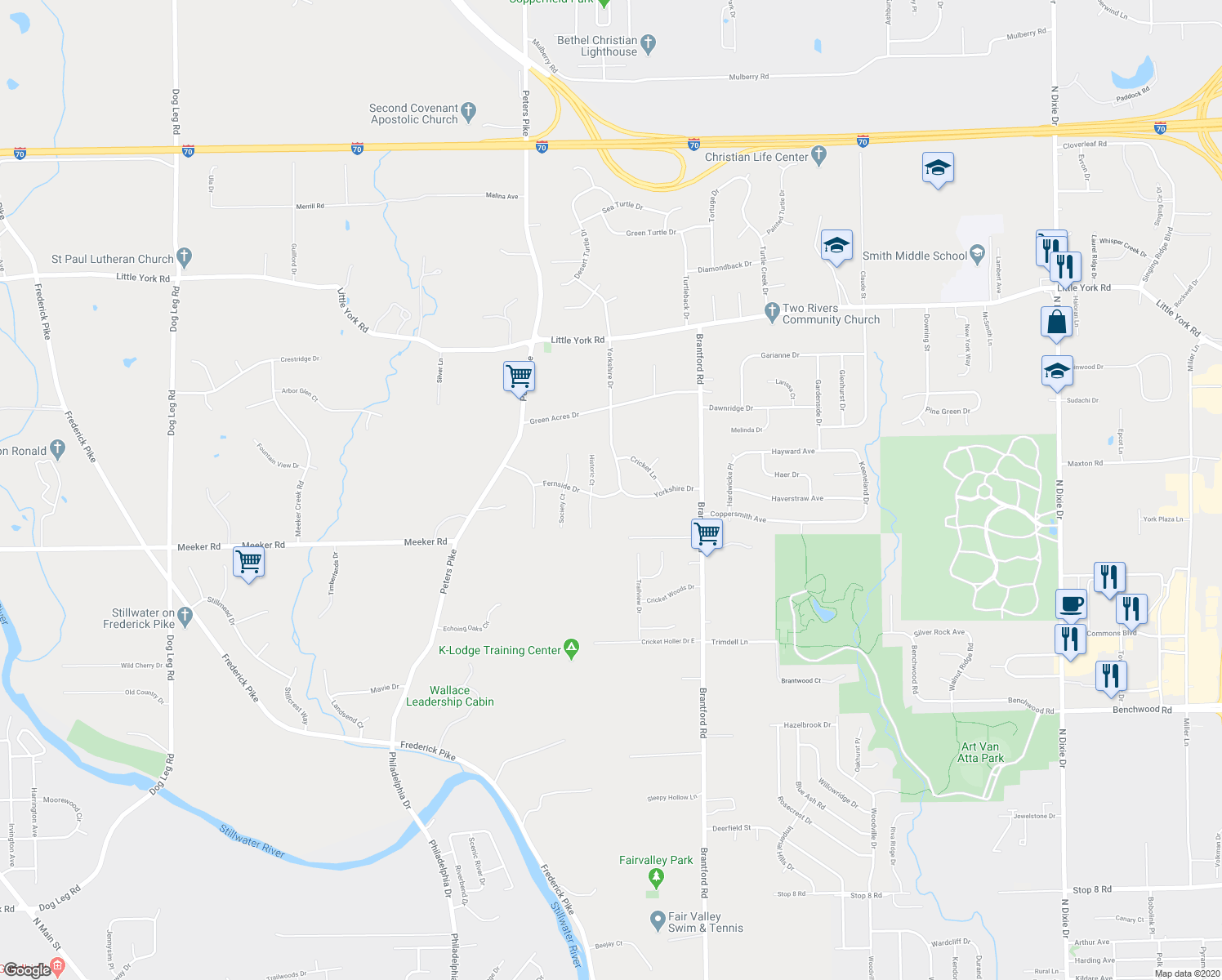 map of restaurants, bars, coffee shops, grocery stores, and more near 2875 Fernside Court in Dayton