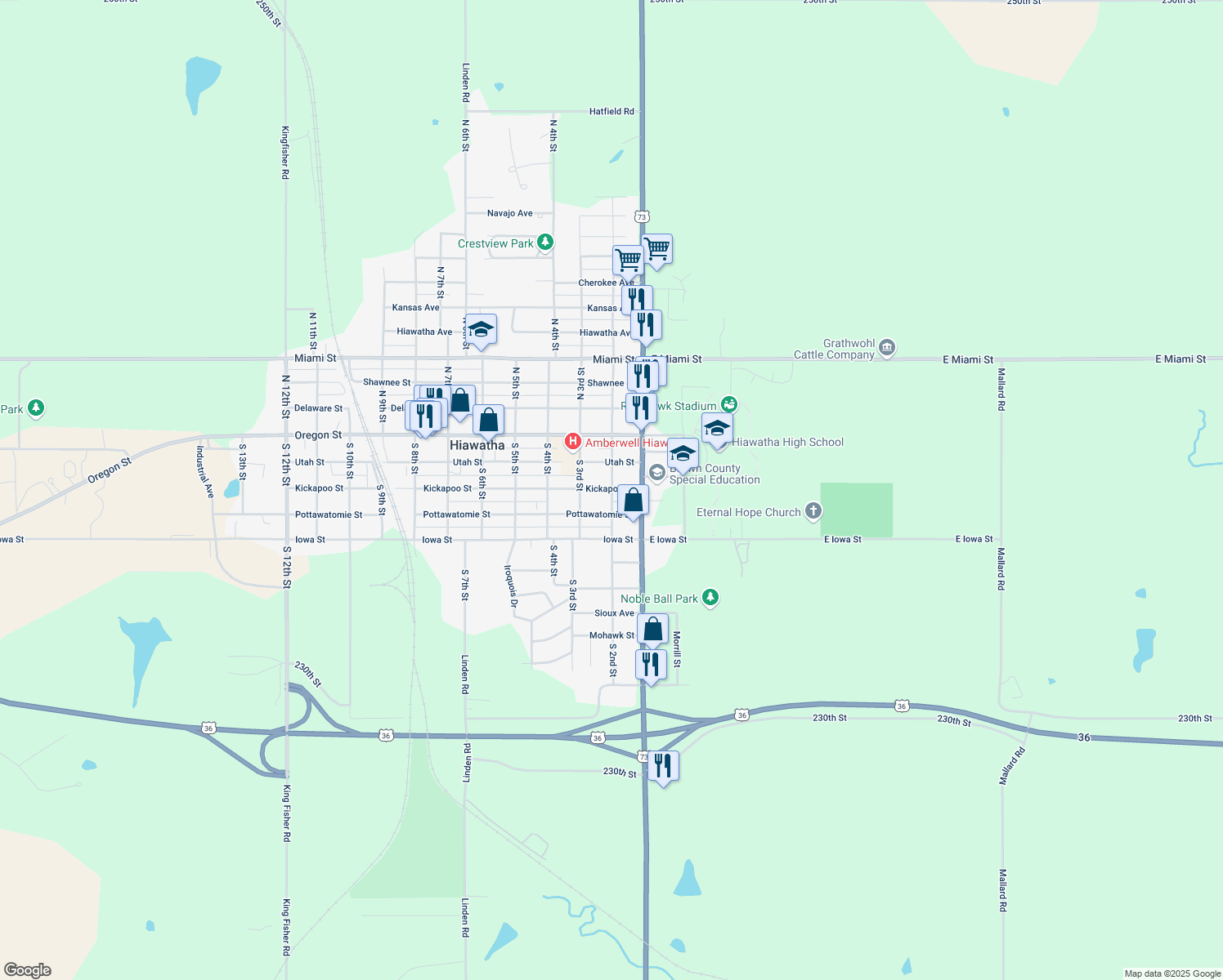 map of restaurants, bars, coffee shops, grocery stores, and more near 201 Kickapoo Street in Hiawatha