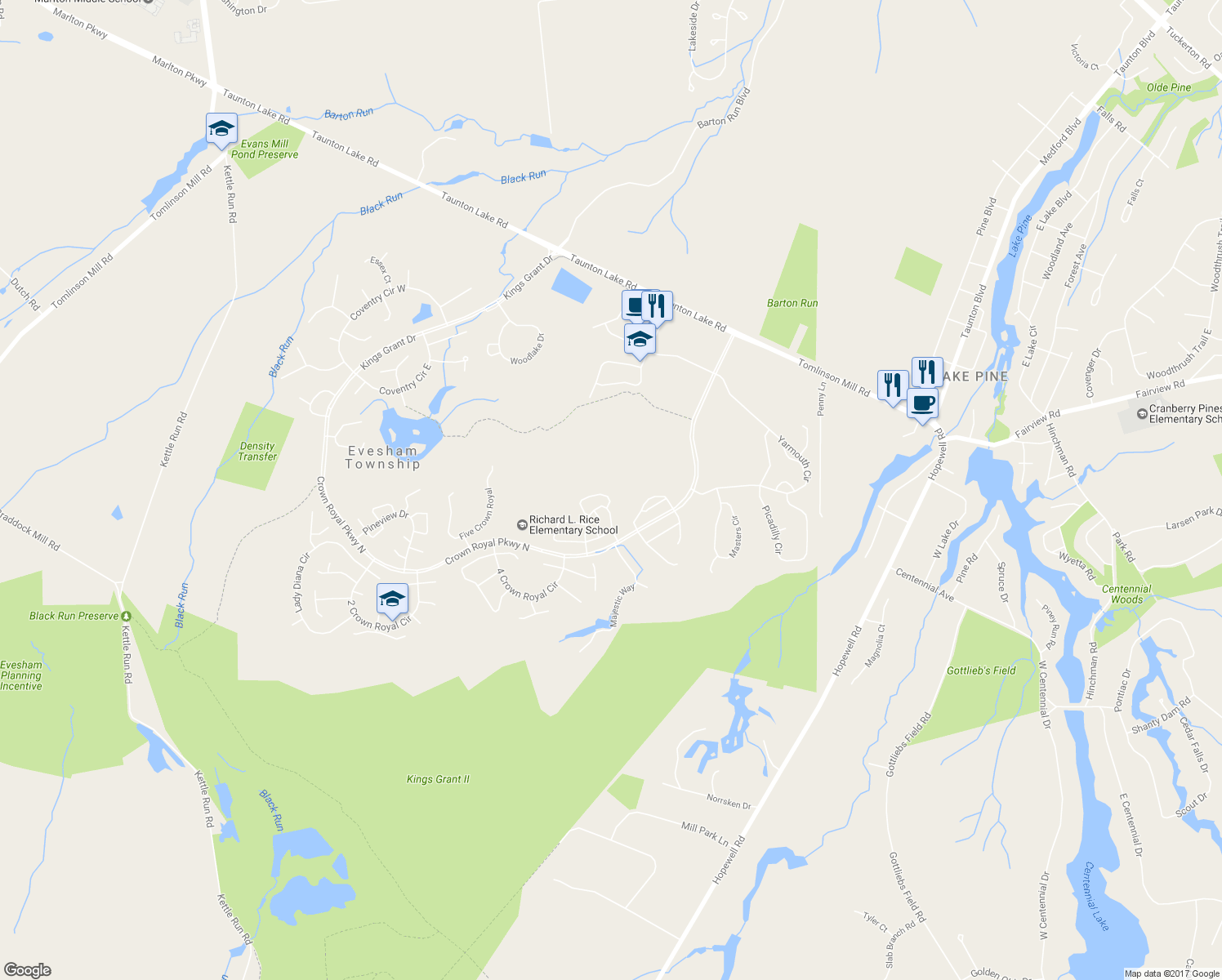 map of restaurants, bars, coffee shops, grocery stores, and more near 20 Bridgewater Drive in Evesham Township