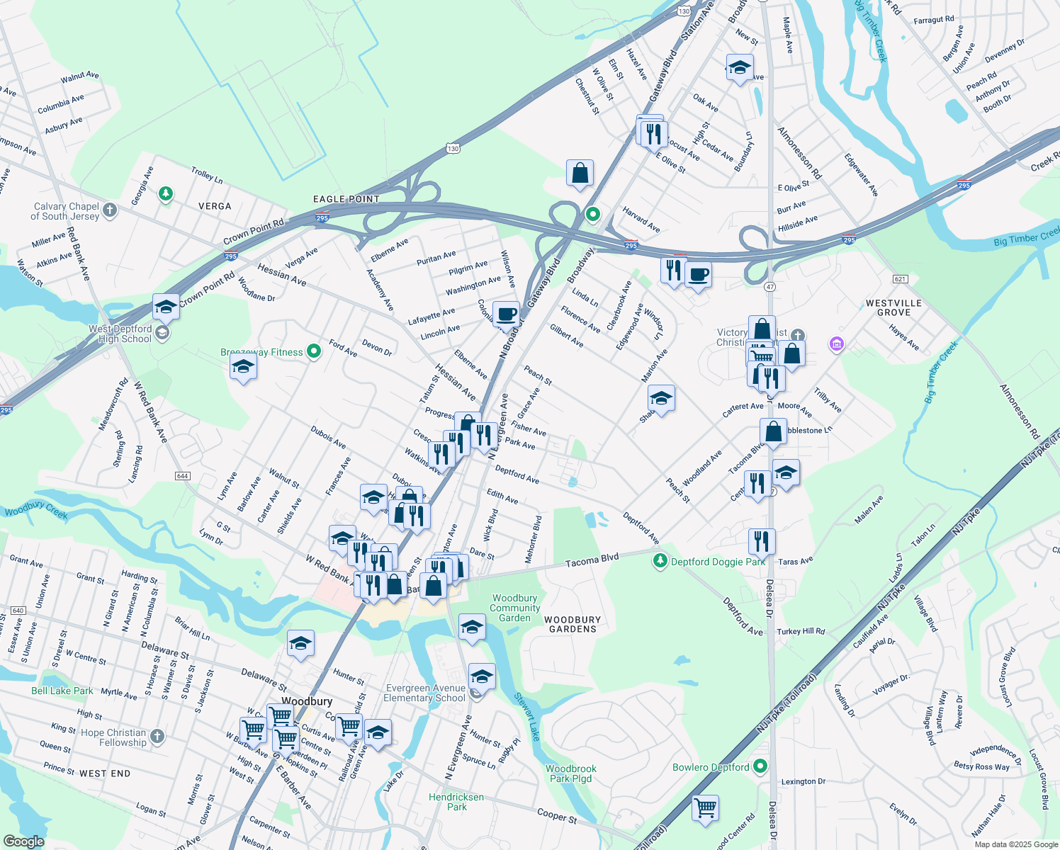 map of restaurants, bars, coffee shops, grocery stores, and more near 56 Fisher Ave in Westville