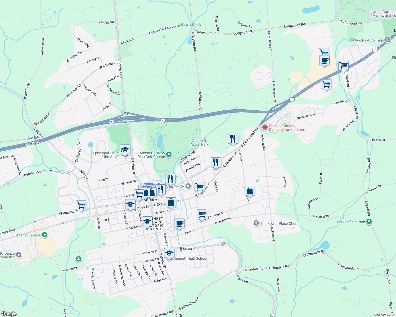 map of restaurants, bars, coffee shops, grocery stores, and more near 110 North Young Avenue in Kennett Square