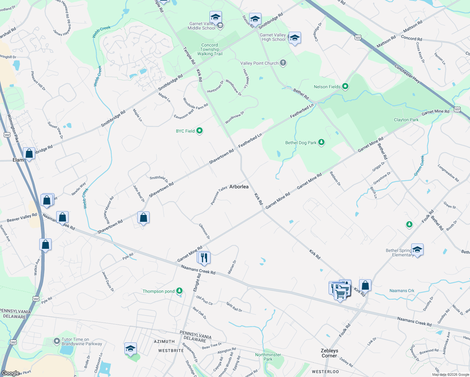 map of restaurants, bars, coffee shops, grocery stores, and more near 5 Pennrose Talley in Garnet Valley