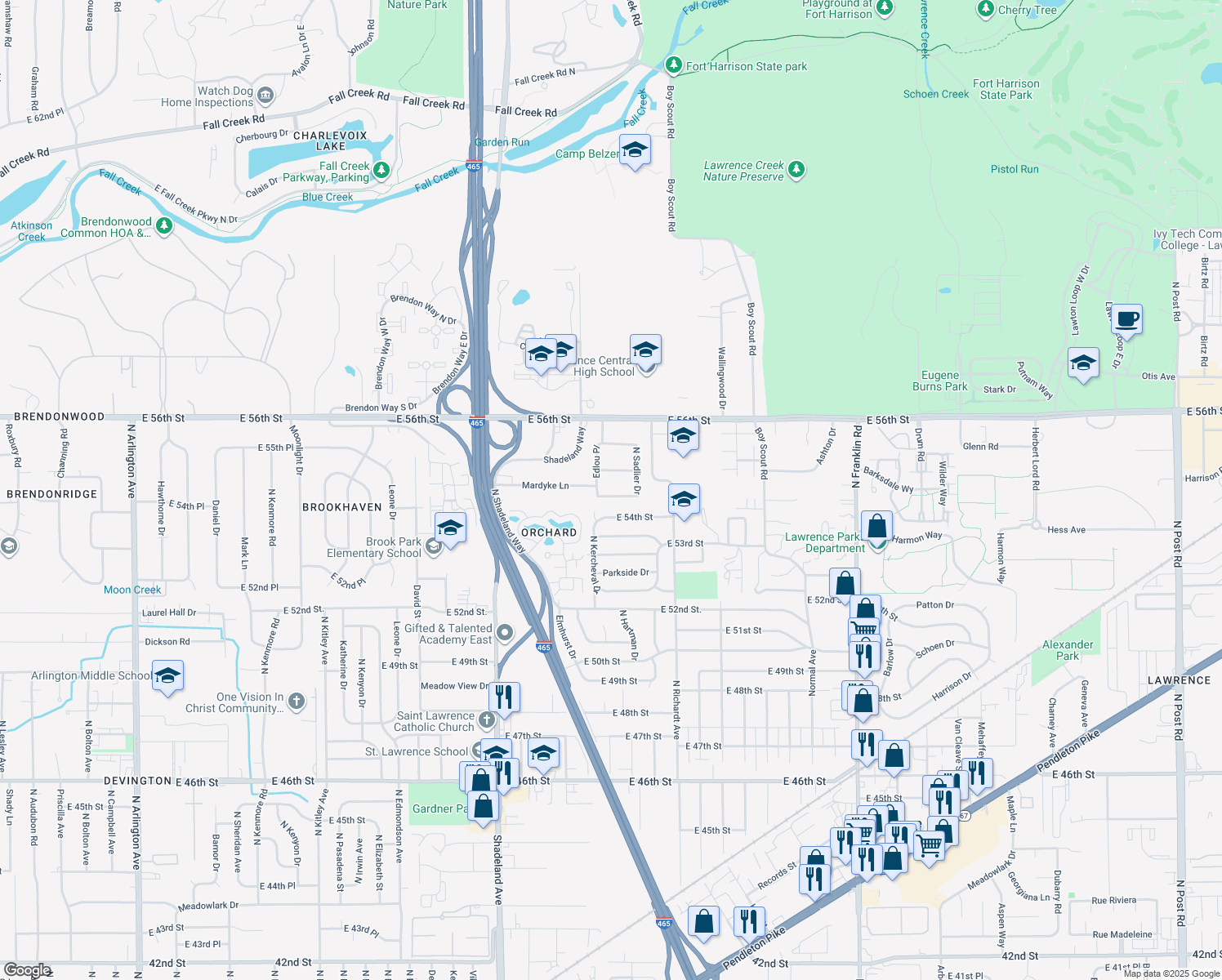 map of restaurants, bars, coffee shops, grocery stores, and more near 7320 Austin Drive in Lawrence
