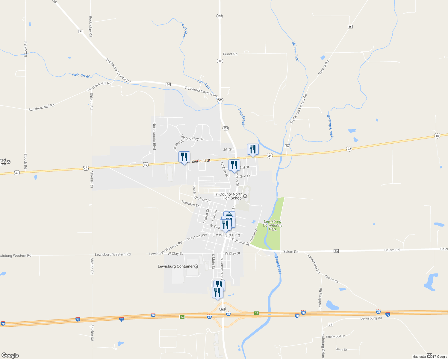 map of restaurants, bars, coffee shops, grocery stores, and more near 801 North Main Street in Lewisburg