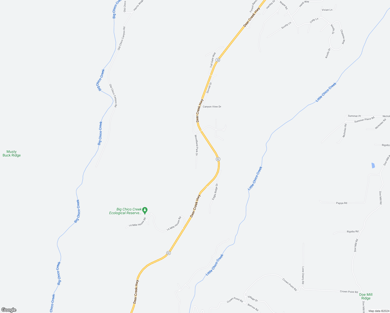 map of restaurants, bars, coffee shops, grocery stores, and more near Woodland Park Drive in Forest Ranch