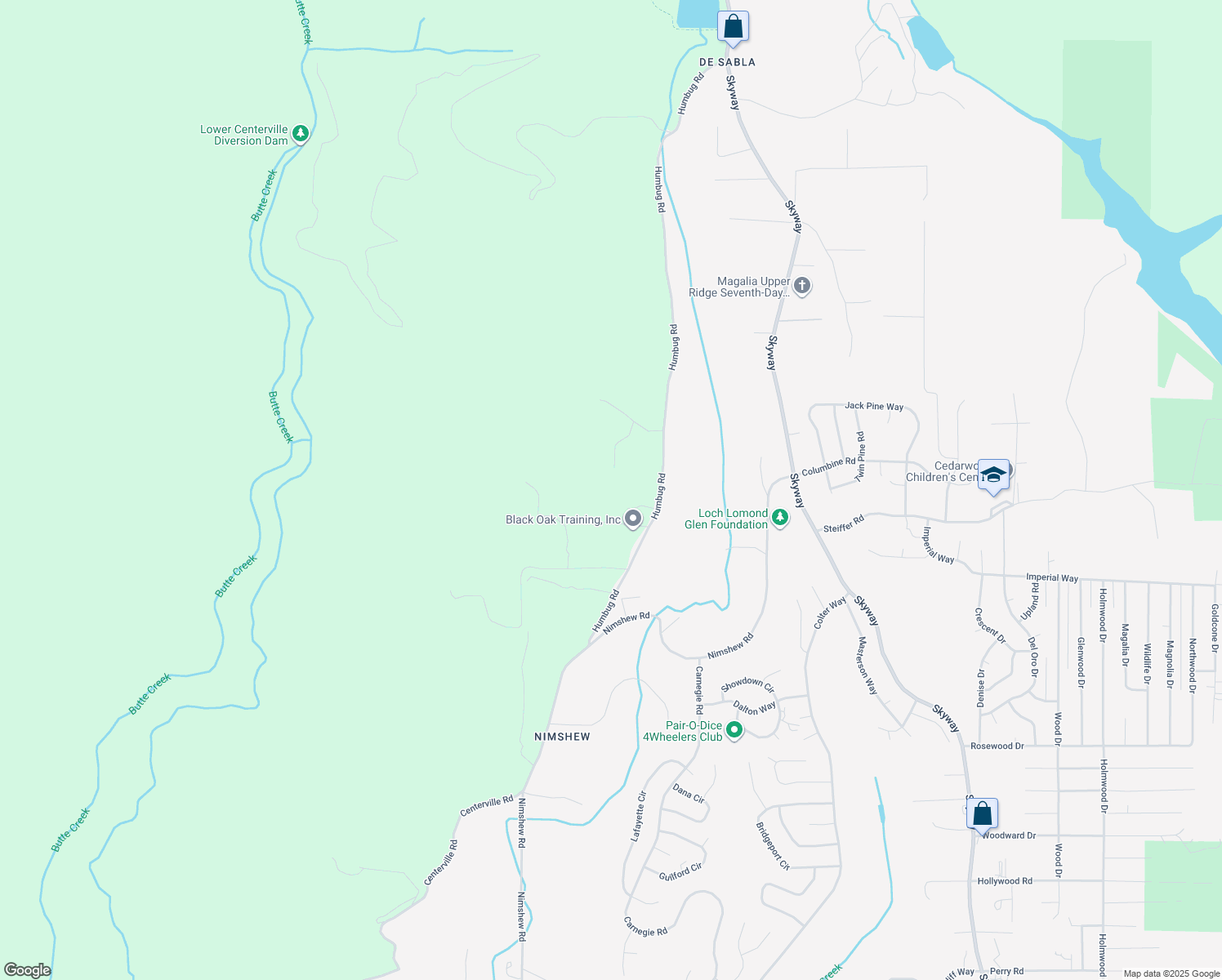 map of restaurants, bars, coffee shops, grocery stores, and more near 14985 Humbug Road in Magalia