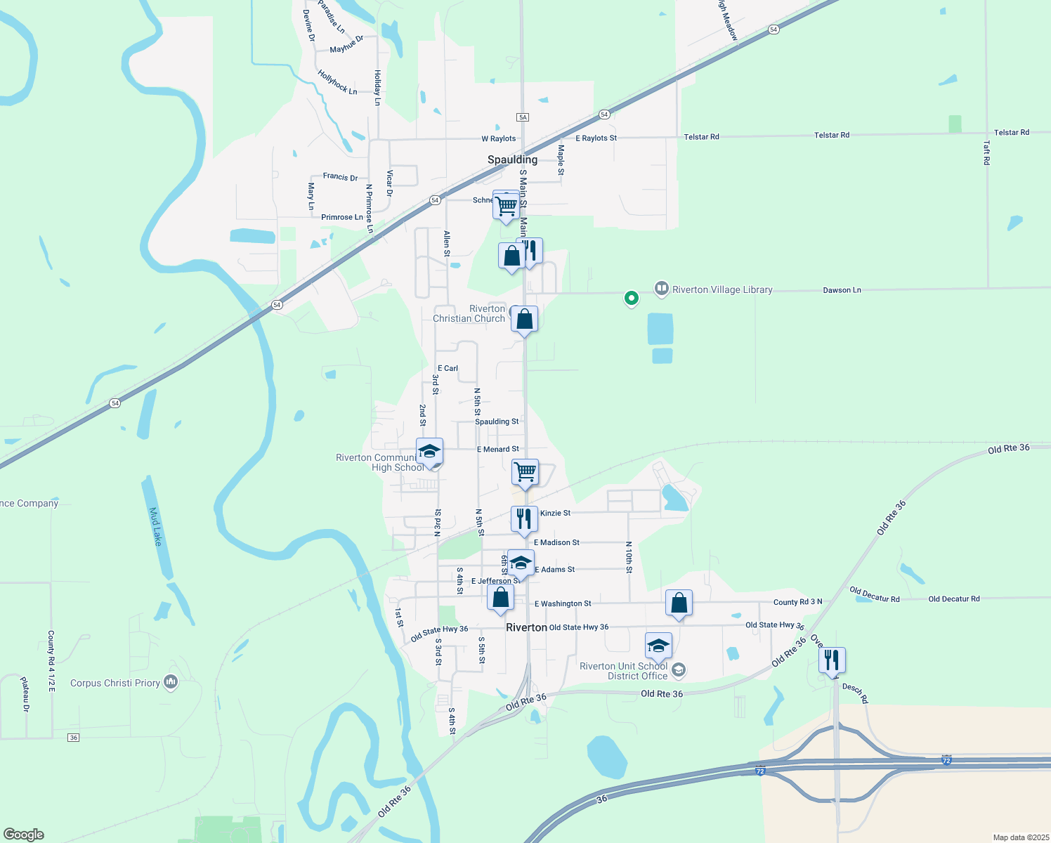 map of restaurants, bars, coffee shops, grocery stores, and more near County Highway 31 in Riverton