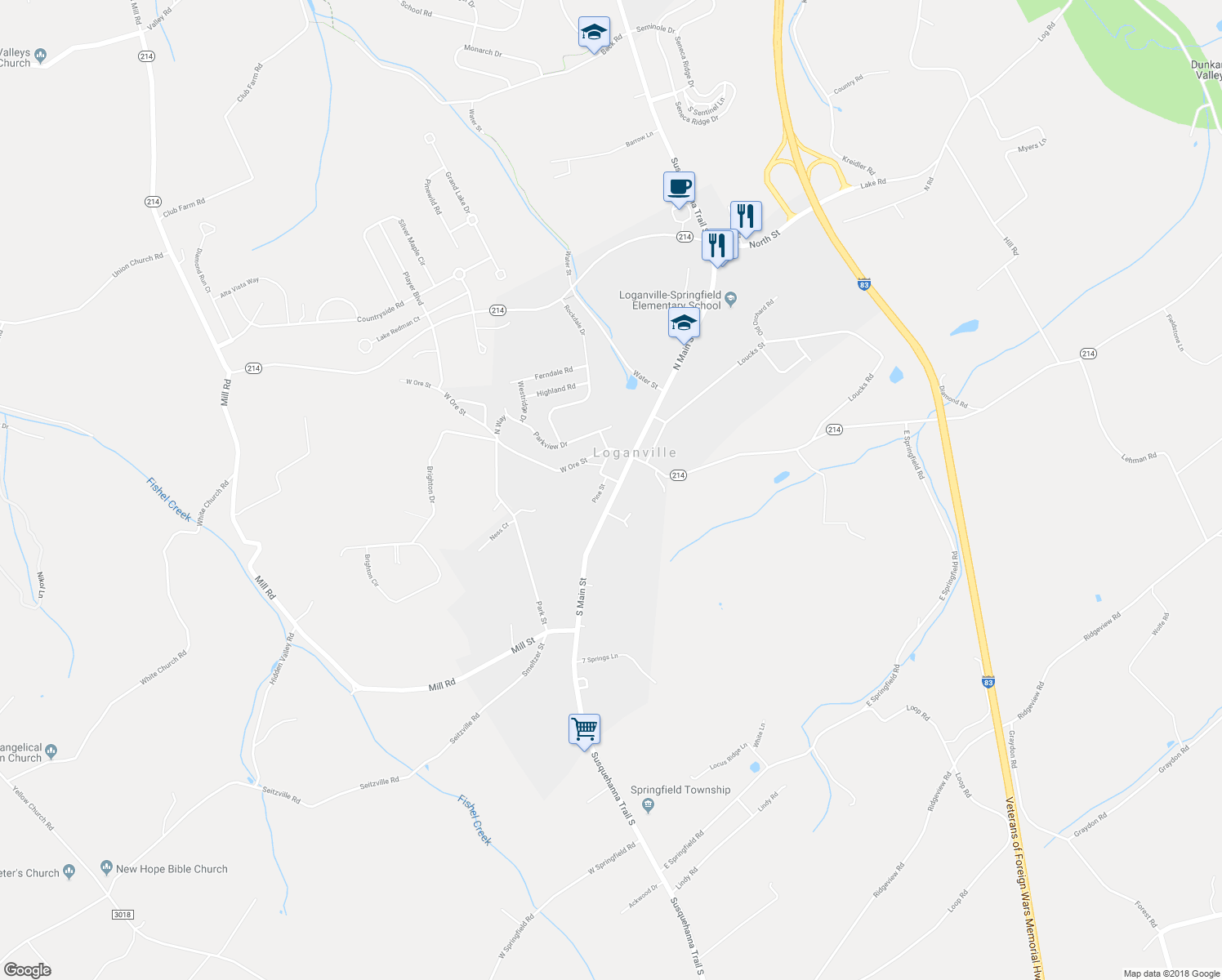 map of restaurants, bars, coffee shops, grocery stores, and more near 36 North Main Street in Seven Valleys