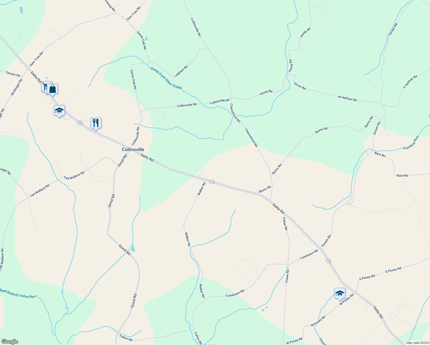 map of restaurants, bars, coffee shops, grocery stores, and more near 2955 Delta Road in Airville