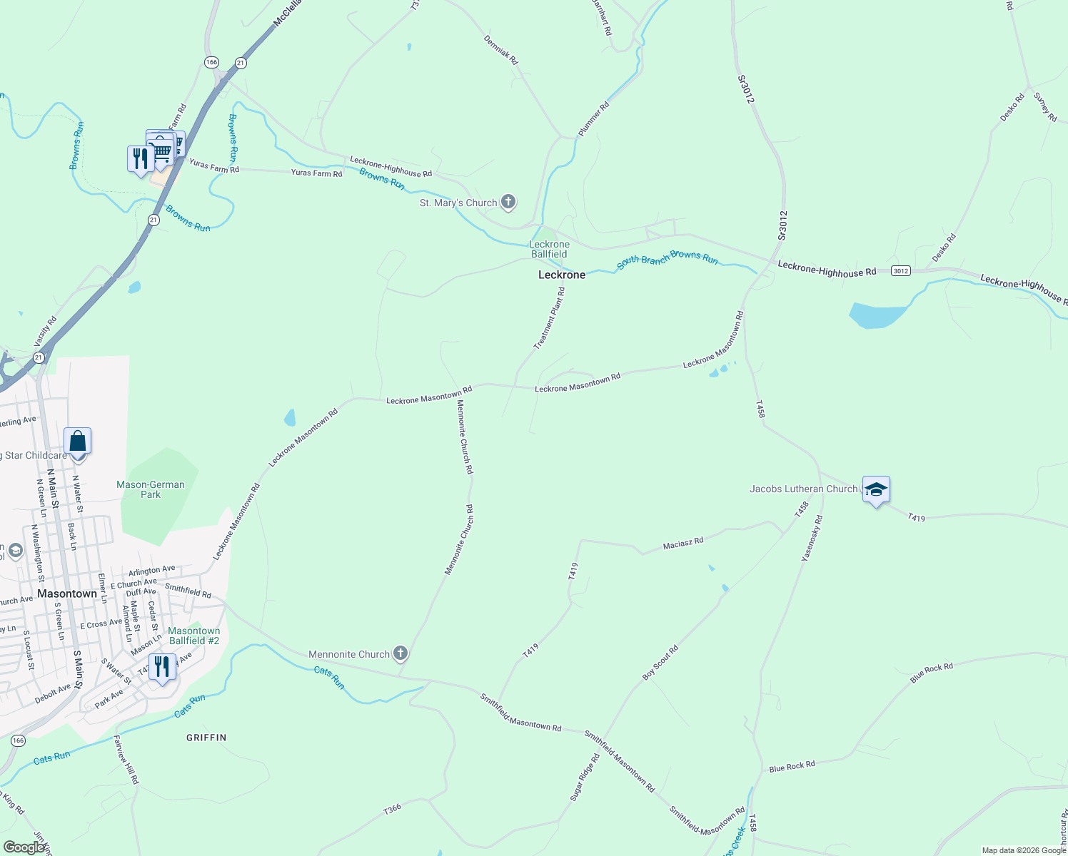 map of restaurants, bars, coffee shops, grocery stores, and more near 2116 Leckrone 1 Road in Masontown