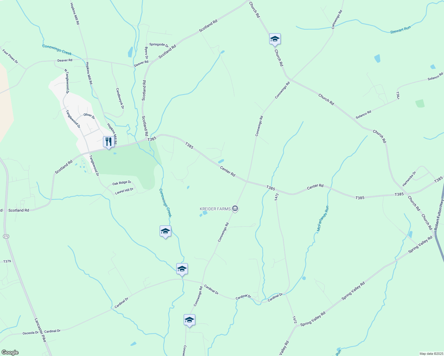 map of restaurants, bars, coffee shops, grocery stores, and more near 165 Center Rd in Quarryville