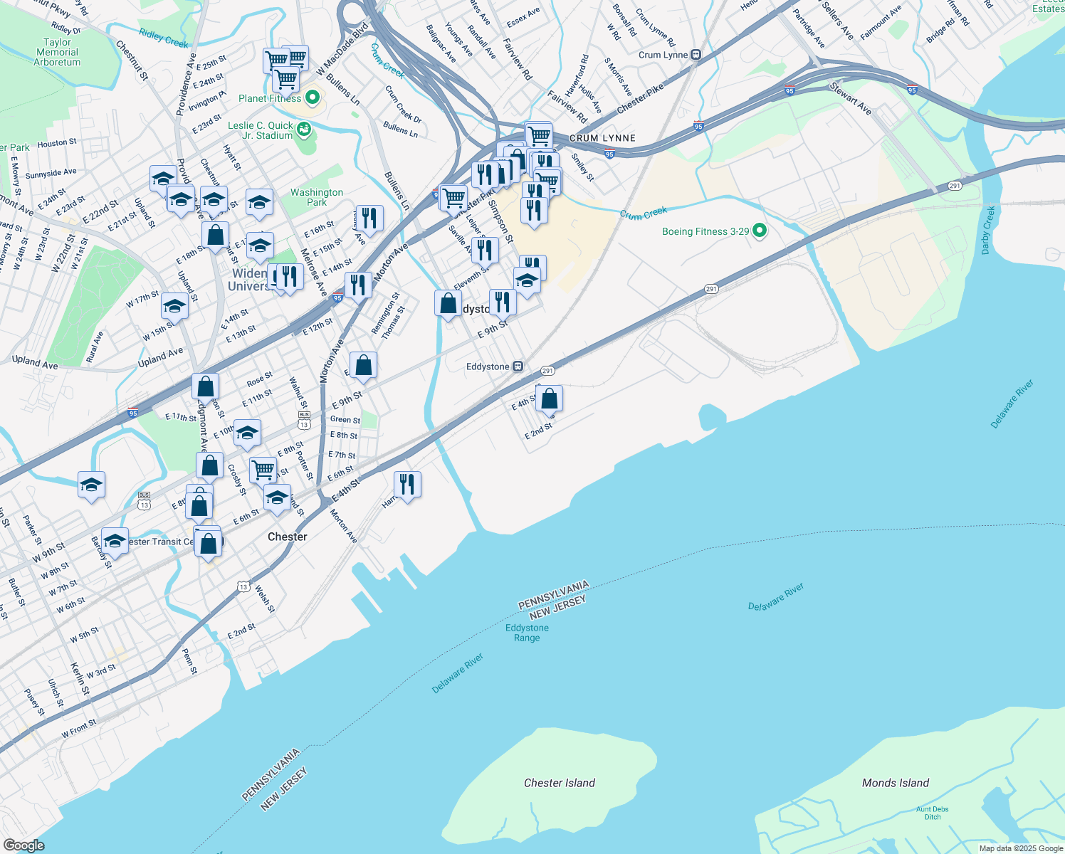 map of restaurants, bars, coffee shops, grocery stores, and more near 249 Lexington Ave in Eddystone