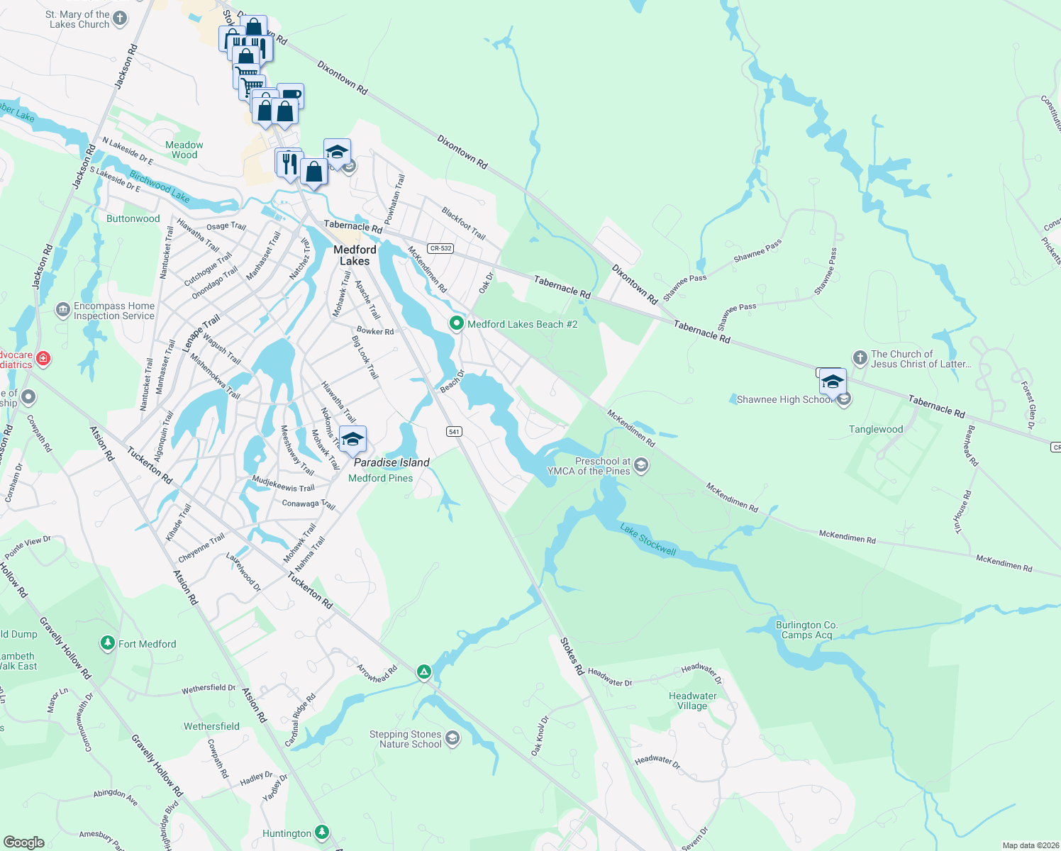 map of restaurants, bars, coffee shops, grocery stores, and more near 29 Shinnecock Trail in Medford