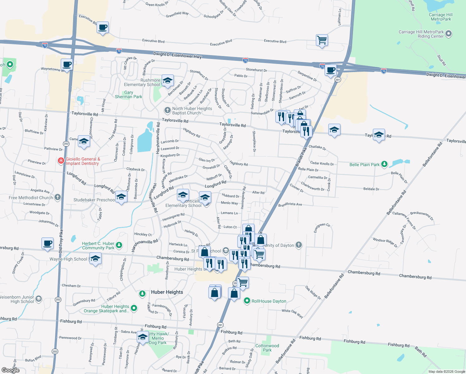 map of restaurants, bars, coffee shops, grocery stores, and more near 6733 Alter Road in Dayton