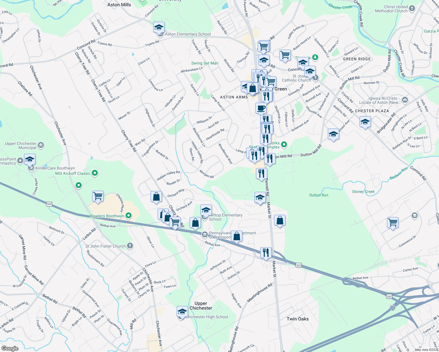 map of restaurants, bars, coffee shops, grocery stores, and more near 43 Morgan Road in Aston