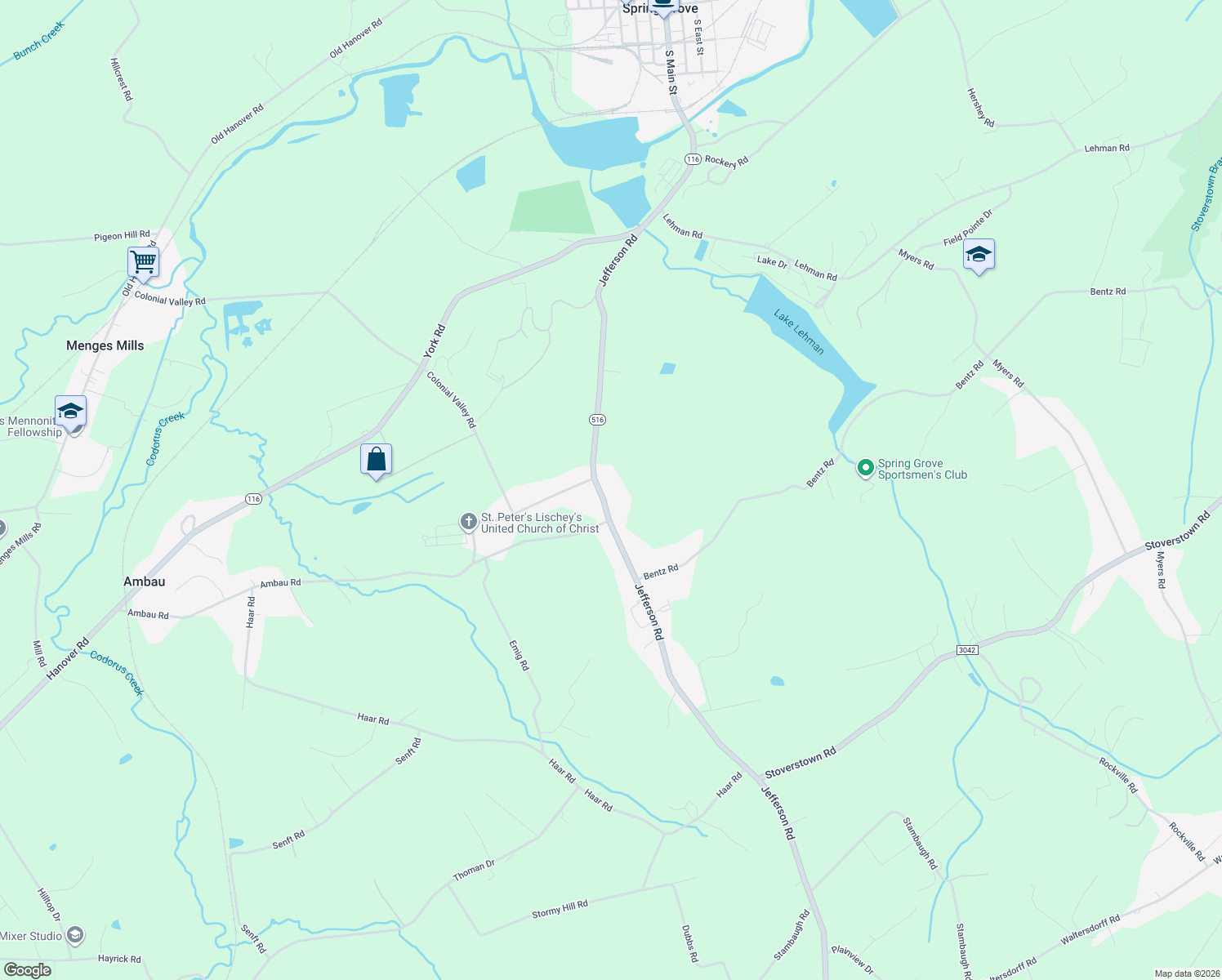map of restaurants, bars, coffee shops, grocery stores, and more near 1503 Jefferson Road in Spring Grove
