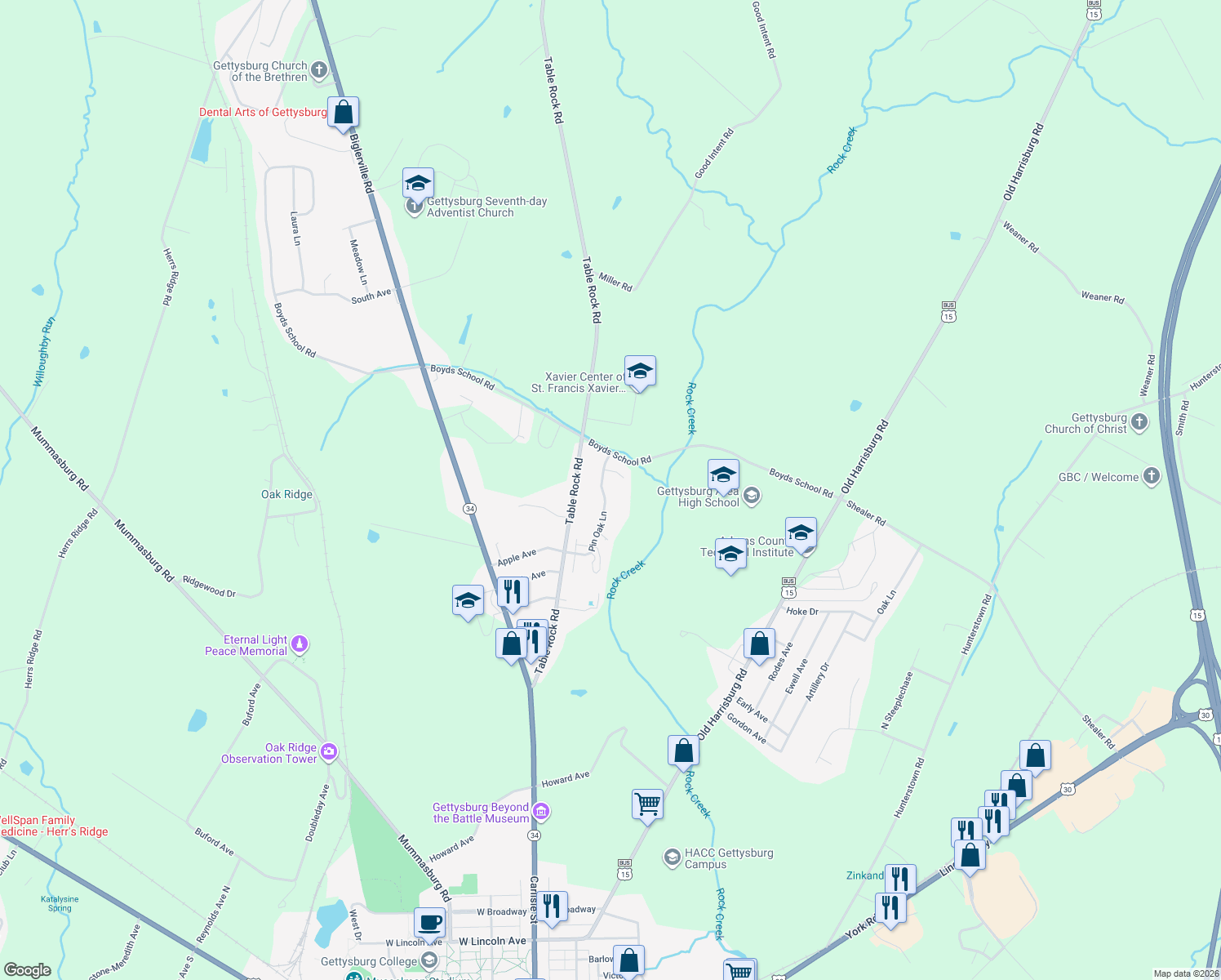 map of restaurants, bars, coffee shops, grocery stores, and more near 58 Pin Oak Lane in Gettysburg