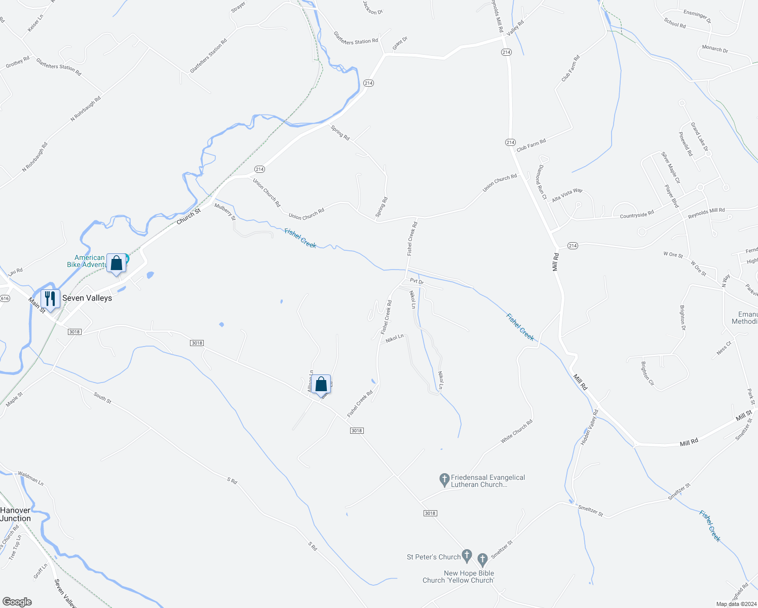 map of restaurants, bars, coffee shops, grocery stores, and more near 8116 Fishel Creek Road in Seven Valleys
