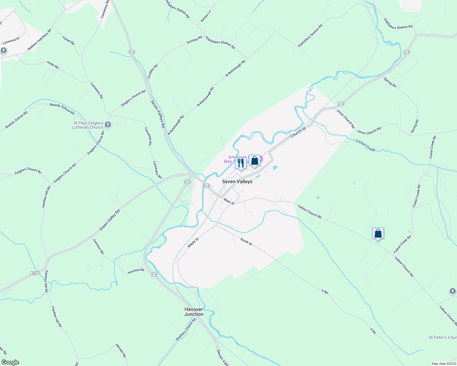 map of restaurants, bars, coffee shops, grocery stores, and more near 24 Cherry Street in Seven Valleys