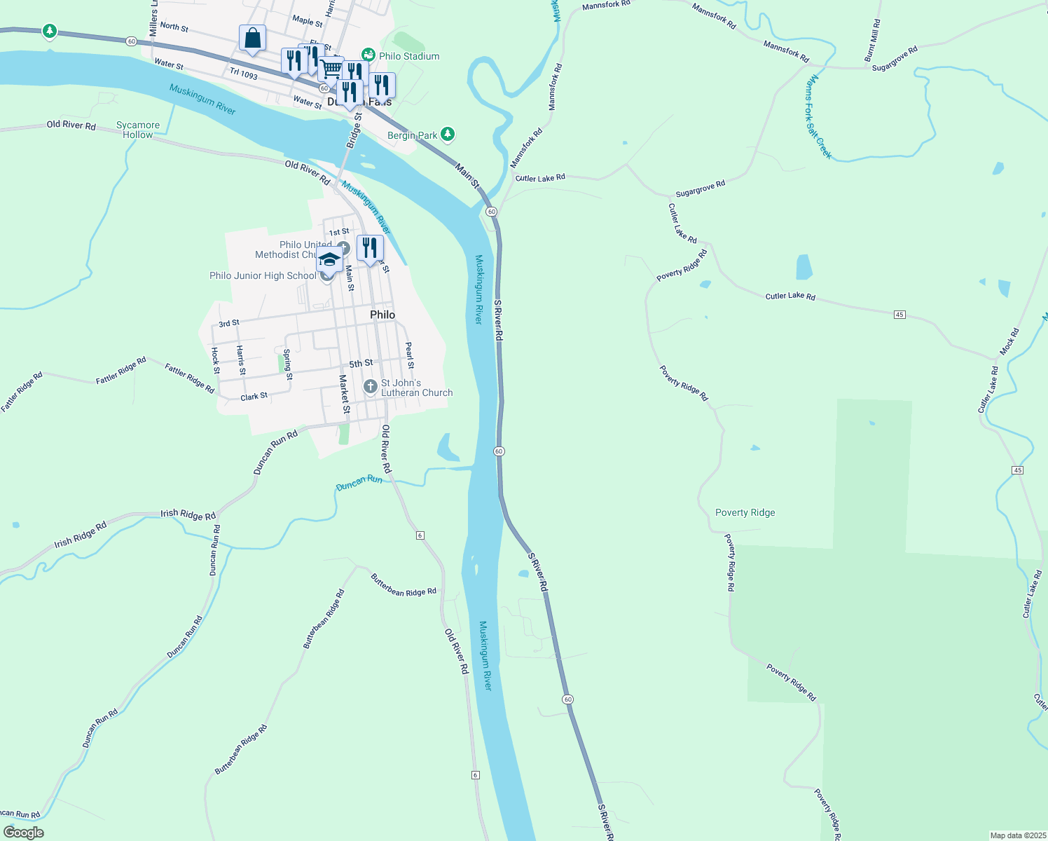map of restaurants, bars, coffee shops, grocery stores, and more near 6020 South River Road in Blue Rock