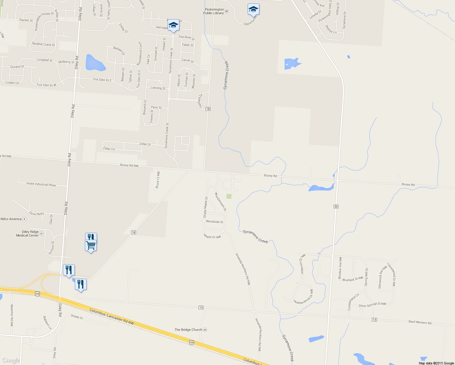 map of restaurants, bars, coffee shops, grocery stores, and more near 8813 Riverside St in Canal Winchester