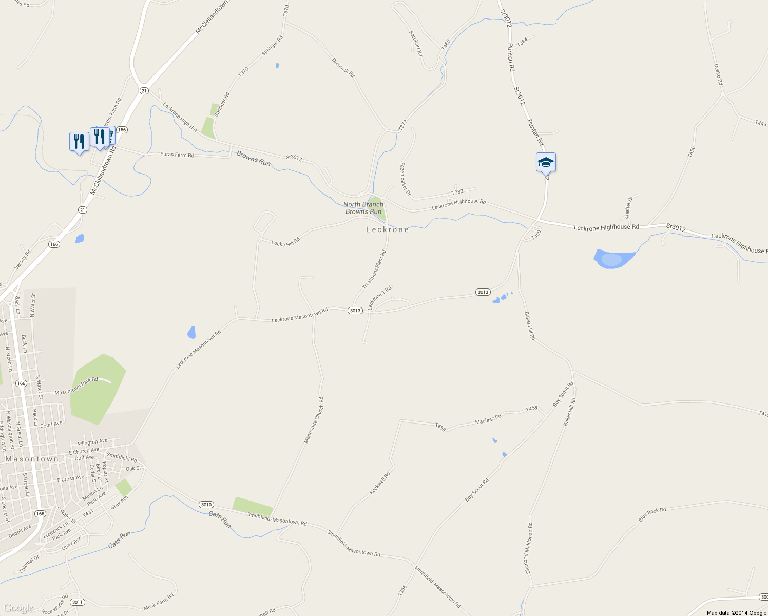 map of restaurants, bars, coffee shops, grocery stores, and more near 115 Emery Heights Road in Masontown