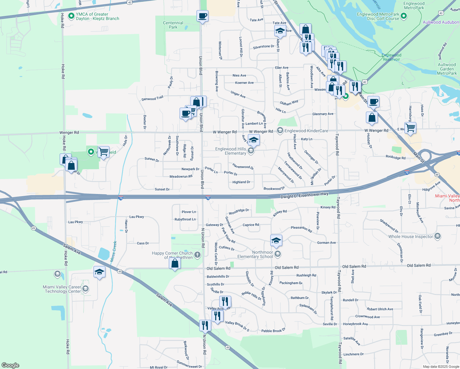 map of restaurants, bars, coffee shops, grocery stores, and more near 323 Highland Dr in Englewood