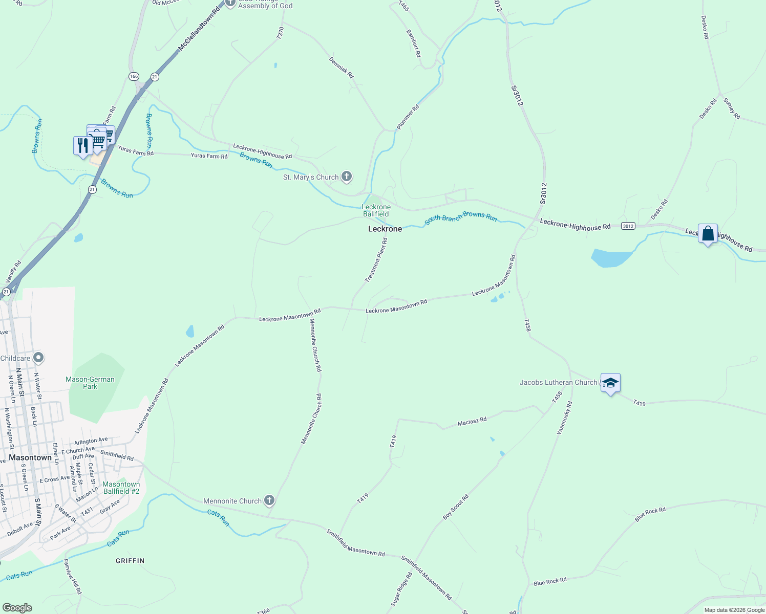 map of restaurants, bars, coffee shops, grocery stores, and more near 115 Emery Heights Road in Masontown