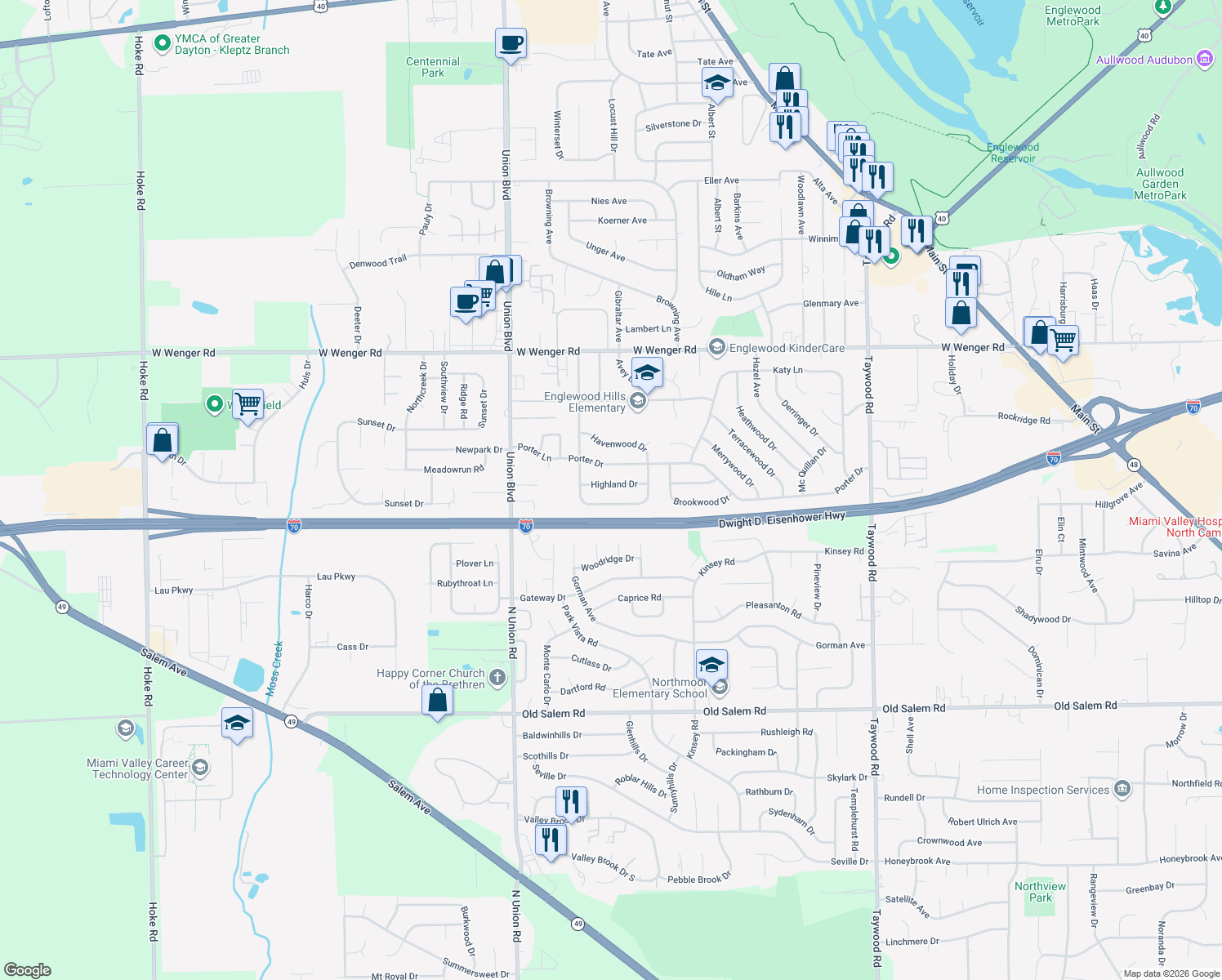 map of restaurants, bars, coffee shops, grocery stores, and more near 313 Highland Dr in Englewood