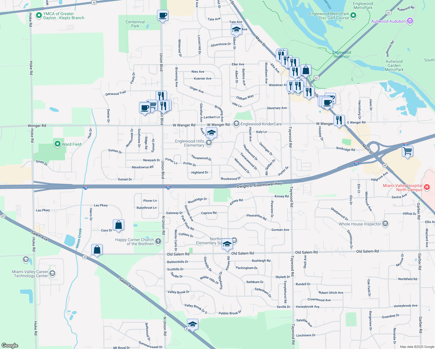 map of restaurants, bars, coffee shops, grocery stores, and more near 209 Brookwood Drive in Englewood