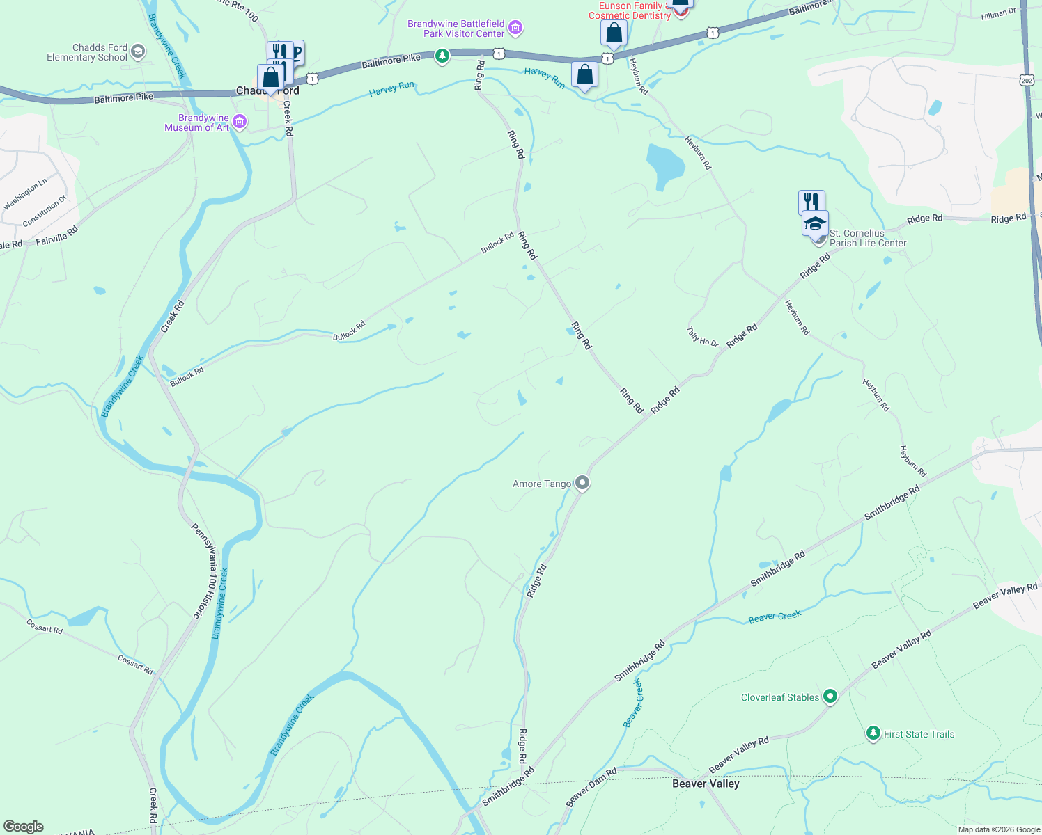 map of restaurants, bars, coffee shops, grocery stores, and more near 34 Ringfield Road in Chadds Ford